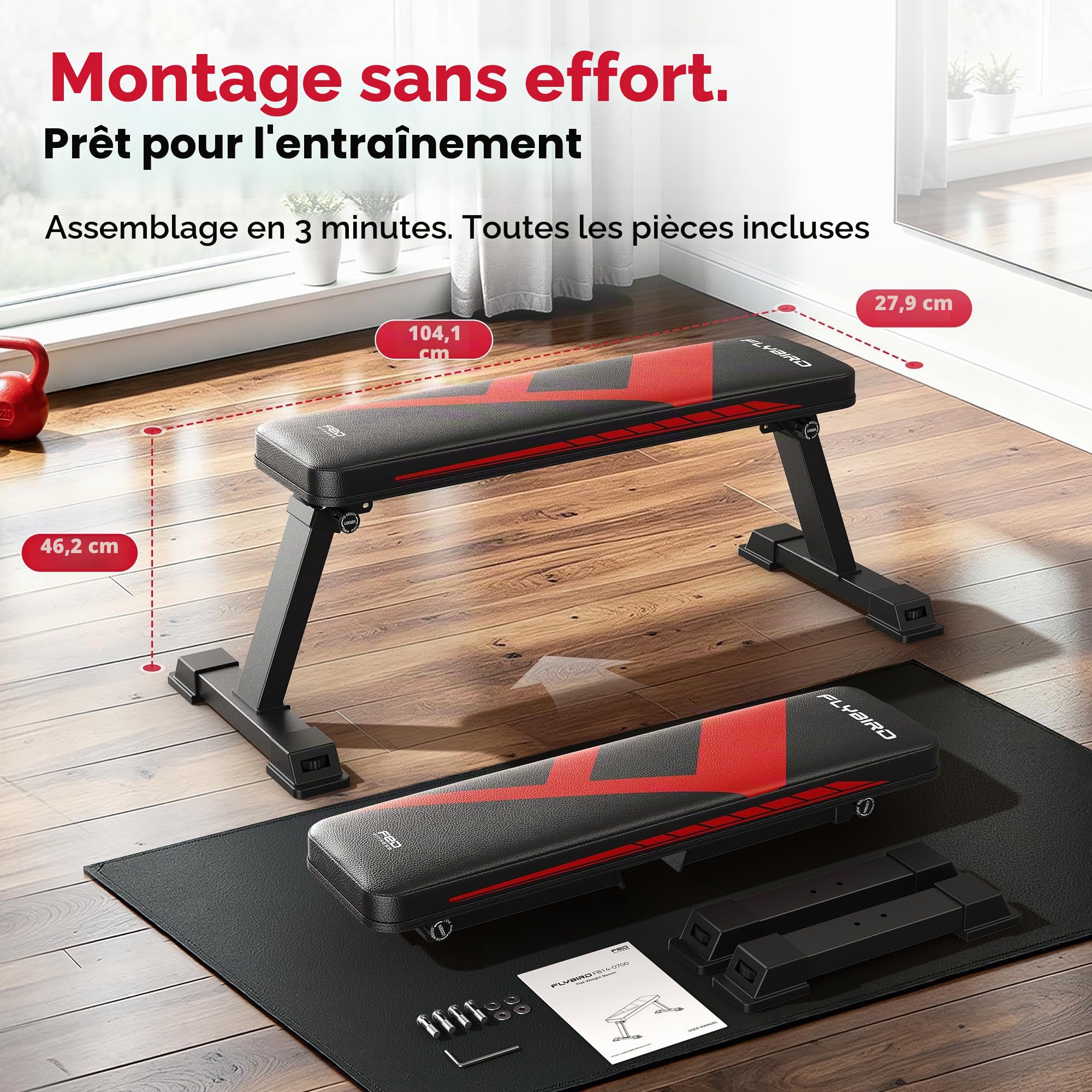 FLYBIRD Banc Plat, Banc Plat Pliable pour Haltères, Stable pour Tous Types d’Entraînement enForce & Développé Couché, Facile à Assembler pour Domicile, 300kg Capacité Max