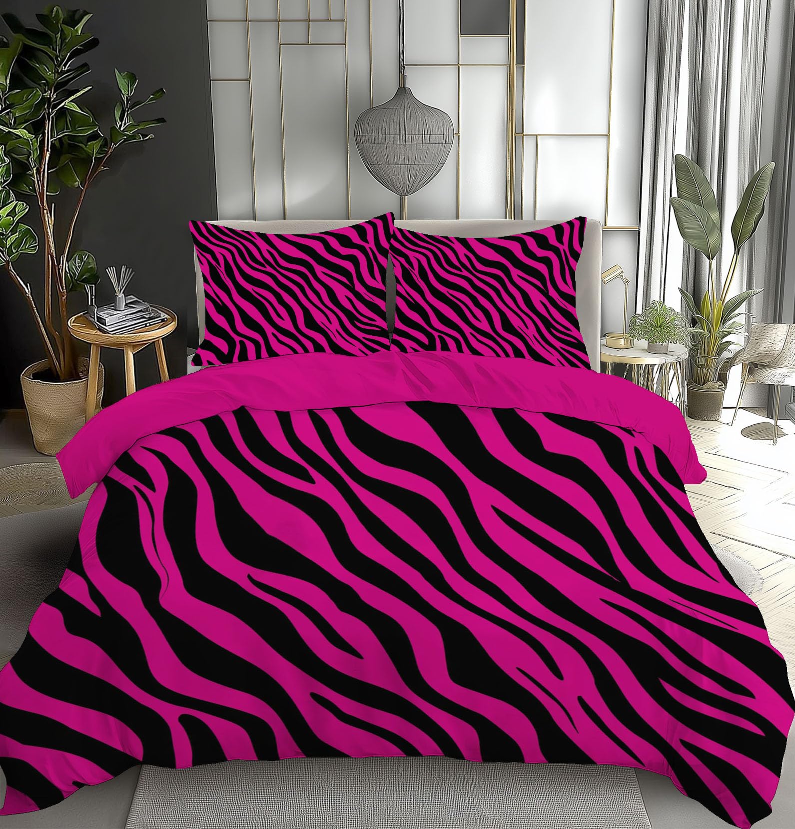 Impresión Fundas de Edredón Cama 135/150, Rosa Neón Estampado De Cebra Funda de Nórdico Microfibra, Transpirable Suave Rosa neón Juego Fundas Ropa de Cama Lindo (220x240cm)