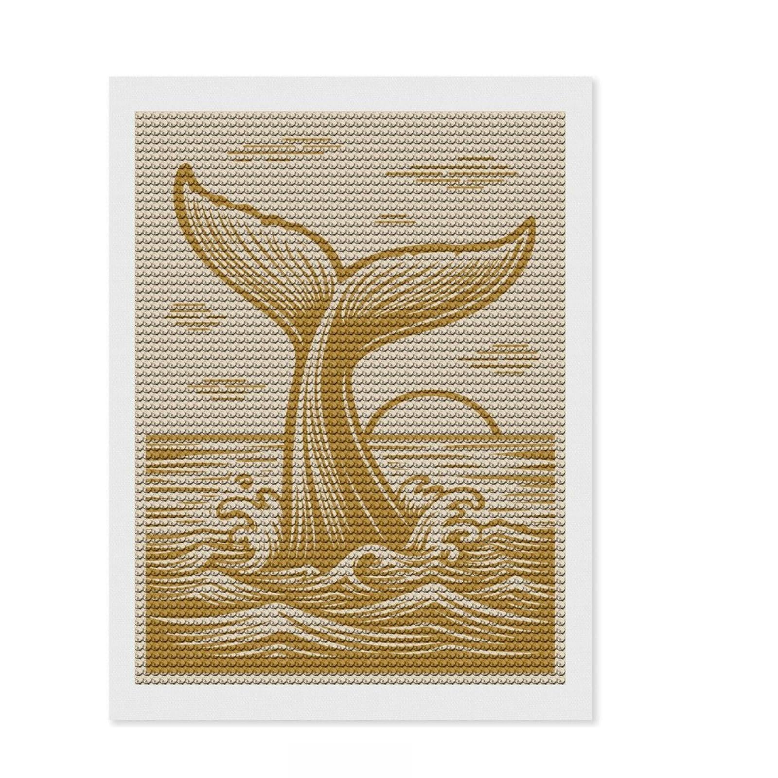 Junmoney Whale Tail with Sun and Waves Golden Beige DIY Diamond Art Canvas Kit 12"x16", for Adults, Boho Decor, Full Kit Included, Artistic Hobby, Arts and Crafts