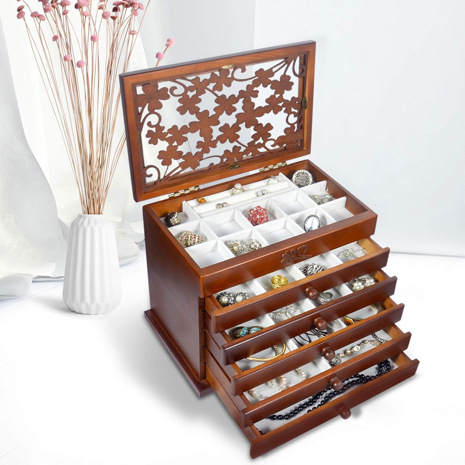 Kendal Large Upgrade Real Wooden Jewelry Box, 6 Layer with 5 Drawers, Jewelry Organizer Storage Box for Women, Dark Brown Color : Clothing, Shoes & Jewelry