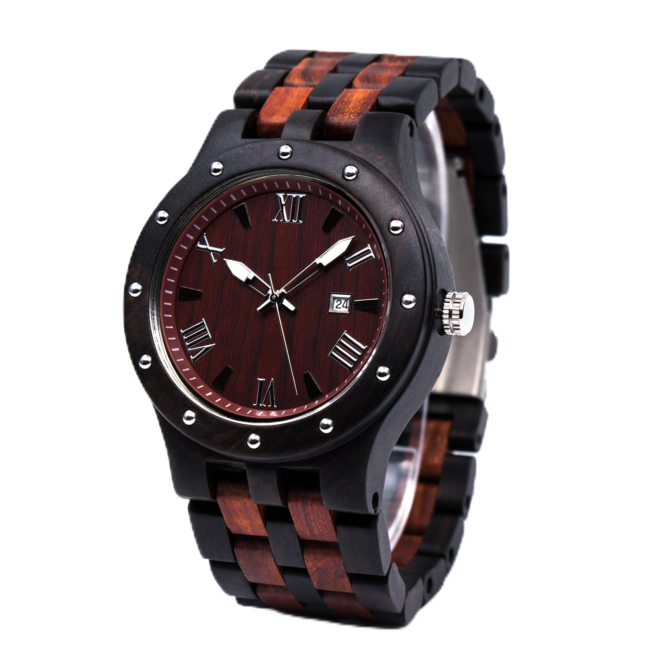 BEWELL - Reloj de pulsera de madera para hombre, hecho a mano, con visualización de fecha, analógico, de cuarzo,