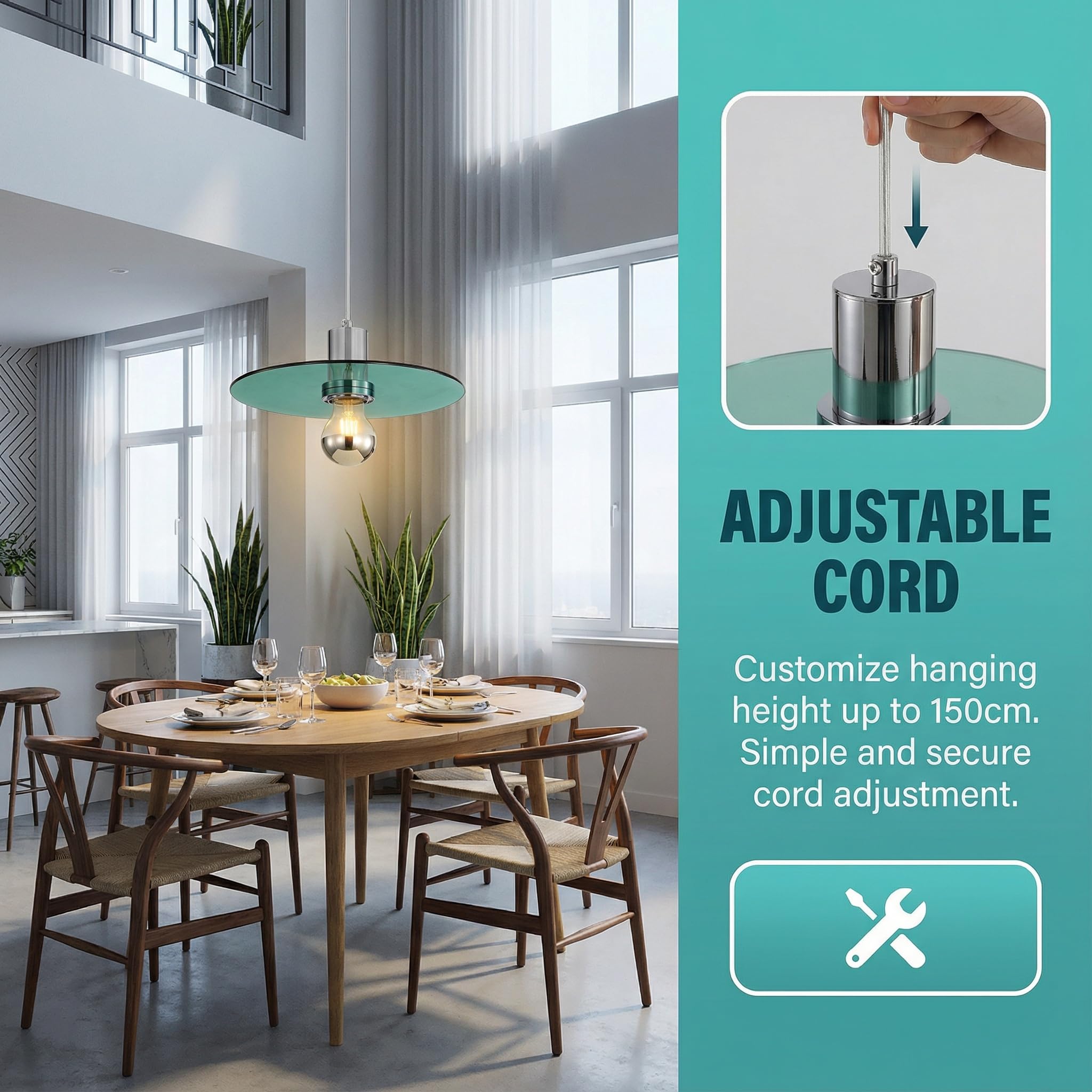 1 Flammig Pendelleuchte Esstisch, Minimalist Hängelampe aus Rund Glas-Scheibe in Grün & Metall in Chrom E27 LED Hängeleuchte für Küche Esszimmer Schlafzimmer & Wohnzimmer