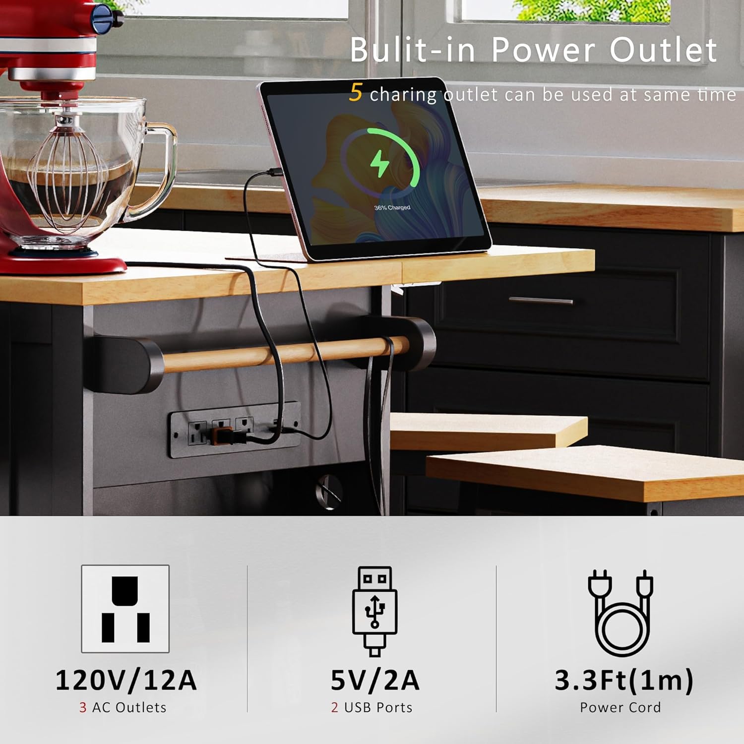 53“ Large Kitchen Island with Storage, Rolling Kitchen Cart on 5 Wheels with Power Outlet, Drop Leaf, Internal Storage Rack, Side Racks, and Drawers for Dining Room, (No Stools)