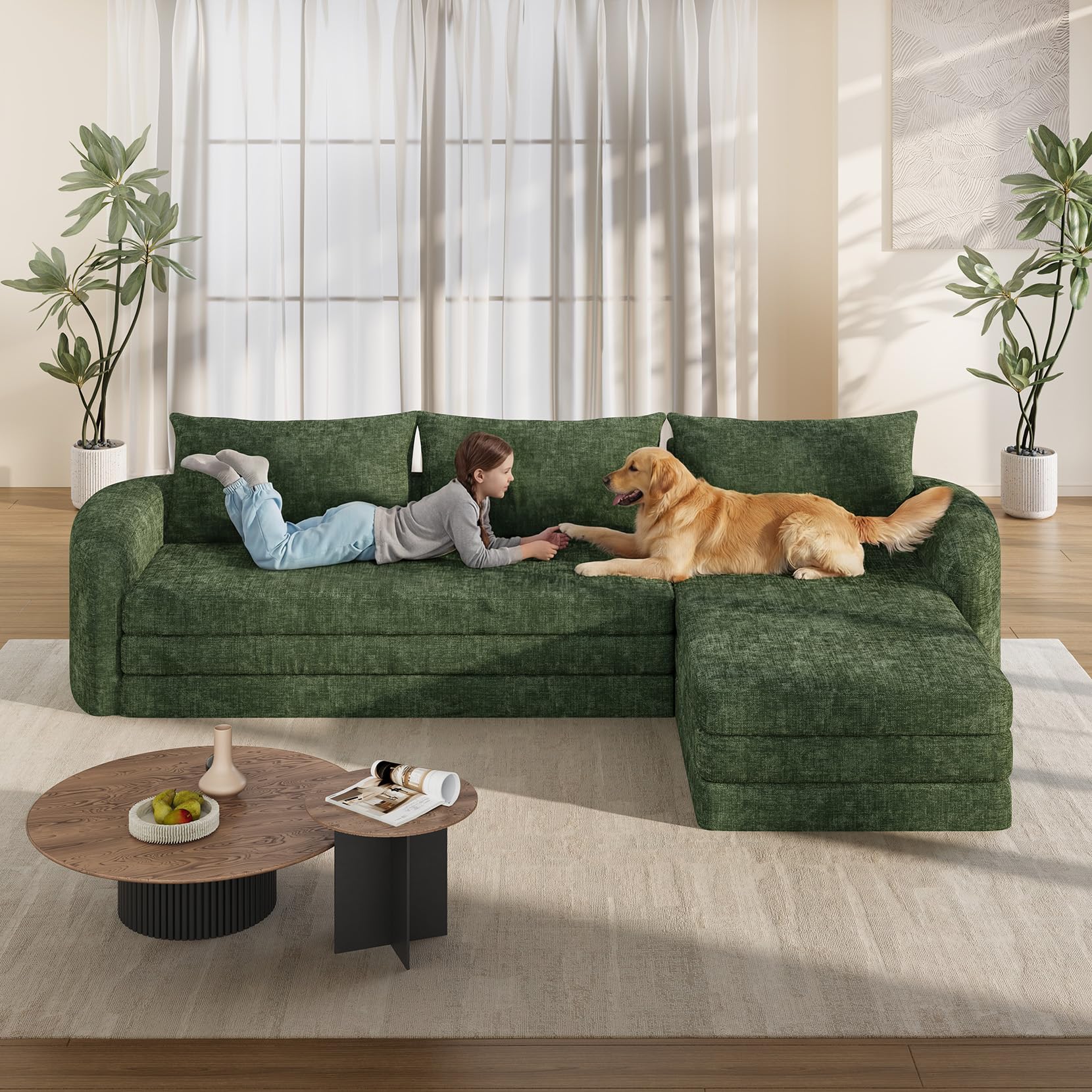 Vesgantti 6 in 1 Convertible Folding Sleeper Sofa Bed, No Assembly, Green | 110.2" L Shaped Modular Sectional Sofa, Curved Armrest, Deep Seat Boneless Couches for Living Room, Chenille, Right Facing
