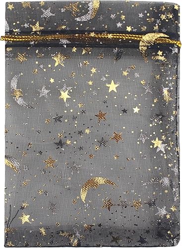 QIANHAILIZZ - 100 bolsas de organza con diseño de estrellas y lunas para joyas, para regalo de caramelos, regalo de matrimonio, con cordón ajustable.