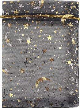 100 Pack 3.5 x 4.7 Inch Moon Star Organza Drawstring Bag B923, Black | Moon Star, Candy Pouch, Drawstring, Wedding Favor Bags, MS9
