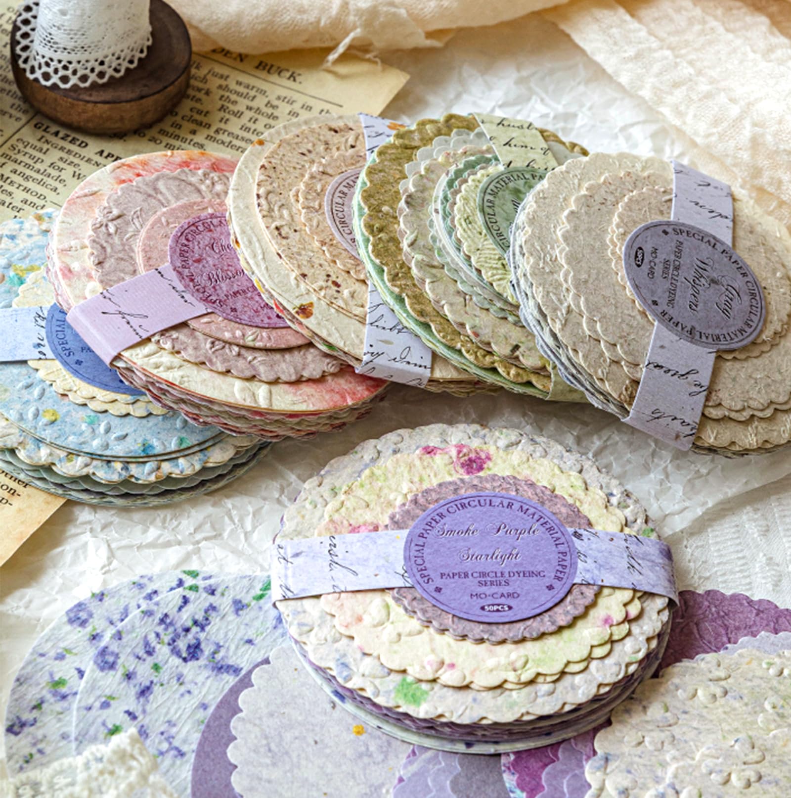 300 Stück rundes Scrapbook-Papier – 6 Stück, geprägtes, strukturiertes und bedrucktes Reispapier, Spitzenrand, verschiedene spezielle Karten, Mischung für Scrapbooking, Junk, Journaling, Zubehör