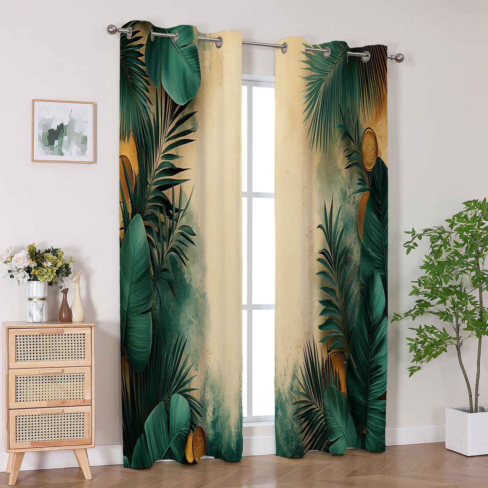 Blickdichte Vorhänge, Tropische Palmenblätter mit Goldakzent Abstrakt Luxus Modern Muster Gardinen, für Wohnzimmer Schlafzimmer-H180 x B100 cm (2er Pack)