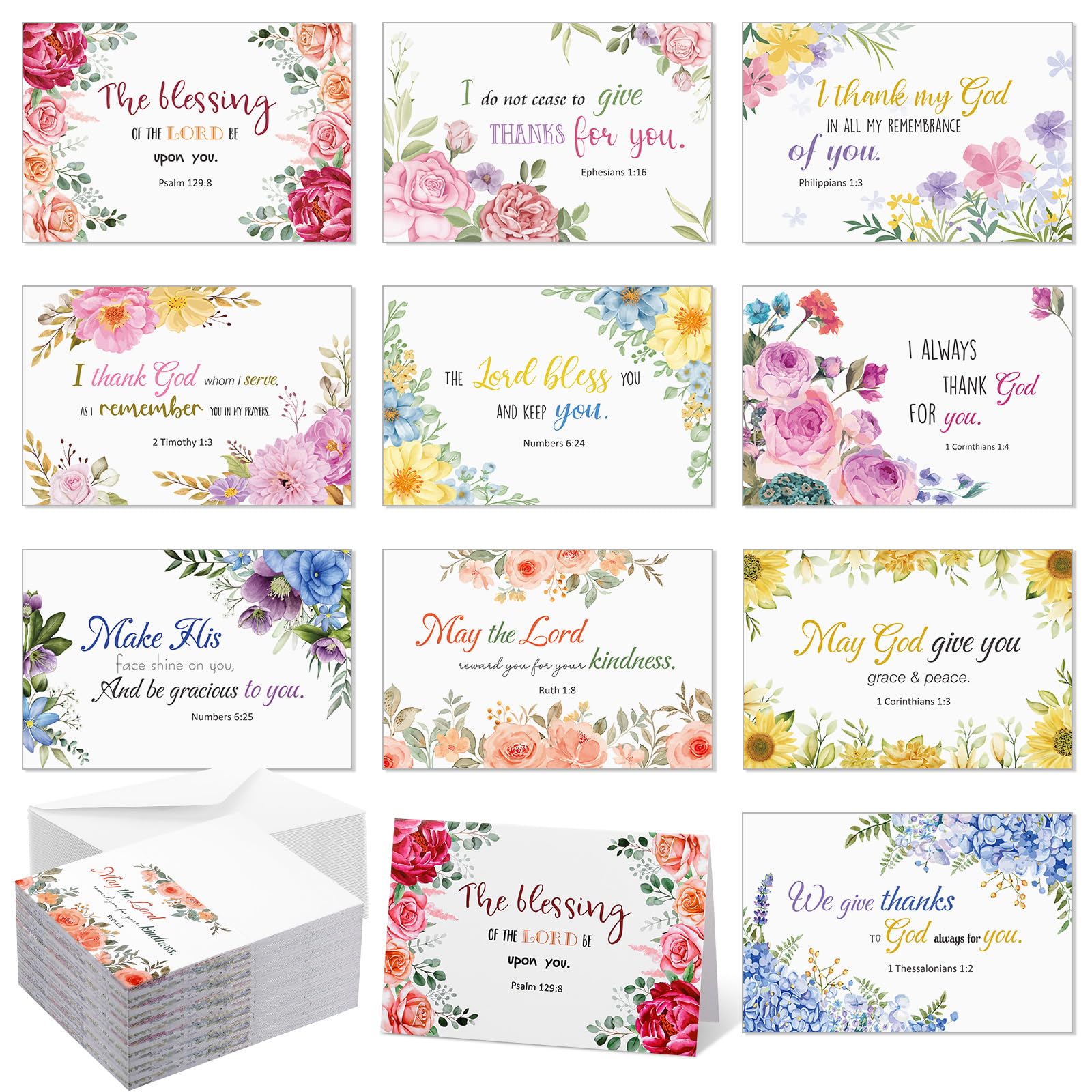 Motiskyy Paquete de 100 tarjetas religiosas de agradecimiento a granel con sobres, calcomanías, 10 diseños surtidos con bendiciones de las Escrituras, versículo bíblico inspirador, tarjetas de