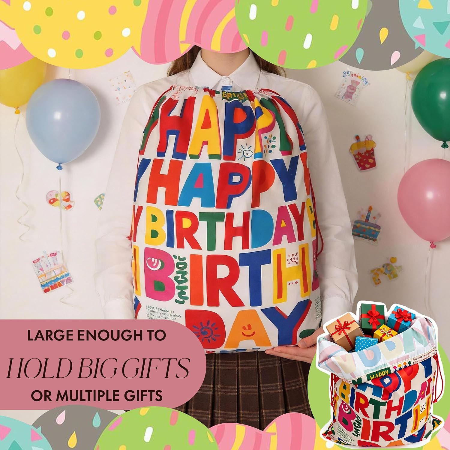 CosInStyle 2 PCS Large Happy Birthday Bags with Drawstring, 27.5x19.5 Inch, Reusable Canvas Storage for Holiday Gifts and Party Favors (StyleD-Birthday-2PCS) image 4