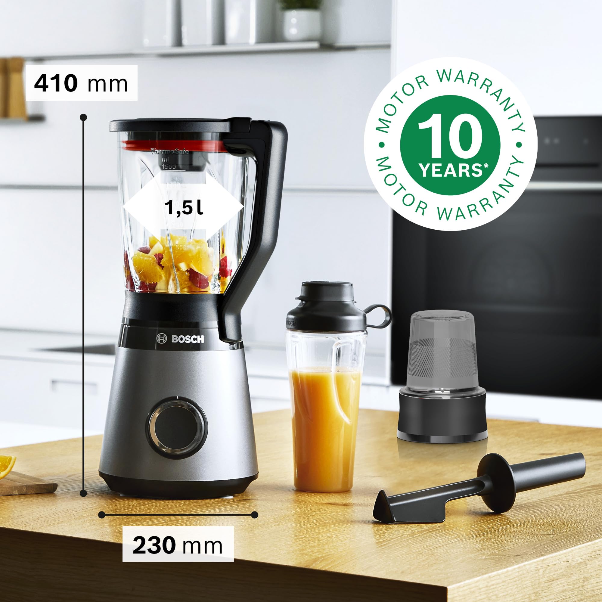 Bosch Serie 4 Frullatore VitaPower MMB4197S, Potente 1200 W, 30.000 giri/min, Lame Rinforzate in Acciaio Inox, Bicchiere Frullatore in Tritan da 1.5 L, Accessori Inclusi, Argento