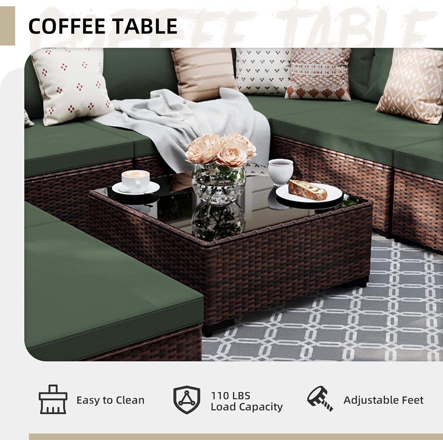 UPHA 9 Pieces Patio Furniture Sets, Wicker Outdoor Sectional Sofa Couch with Coffee Table, Patio Conversation Set for Deck Backyard Garden, Brown Rattan, Pine Green Cushion