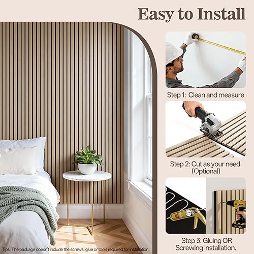 Miniatura 7 de Paquete de 4 paneles de madera para pared, 94.4 x 12.6 pulgadas, paneles de pared de listones de madera acústica para decoración de interiores y