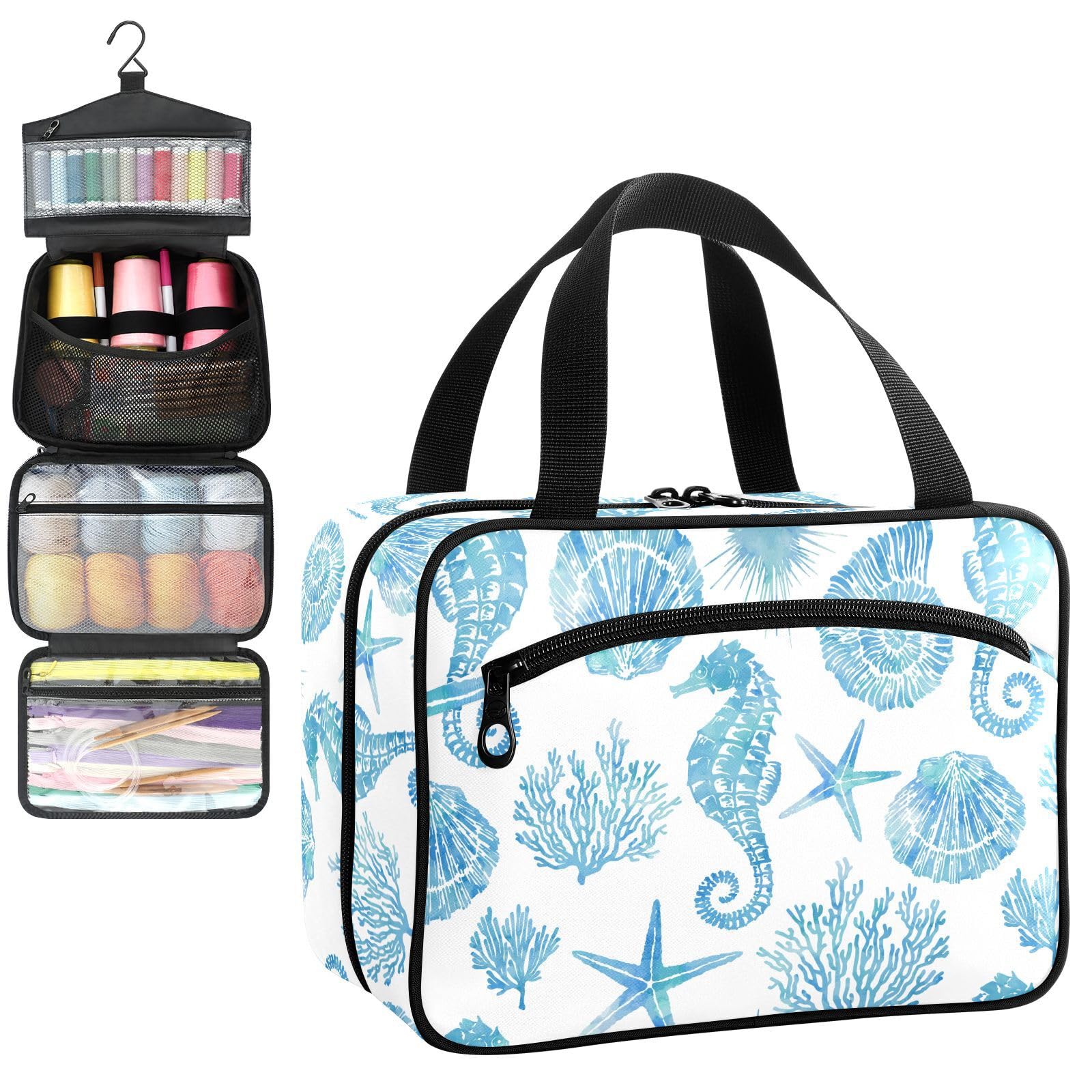 YNNALE Sewing Supply Organizer Bag, Blue Seahorse Marine Animal Portable Sewing Bags with Pockets&Hanger, Sewing Storage Box Case for Sew Supplies/Kit/Tools/Accessories (BAG ONLY)