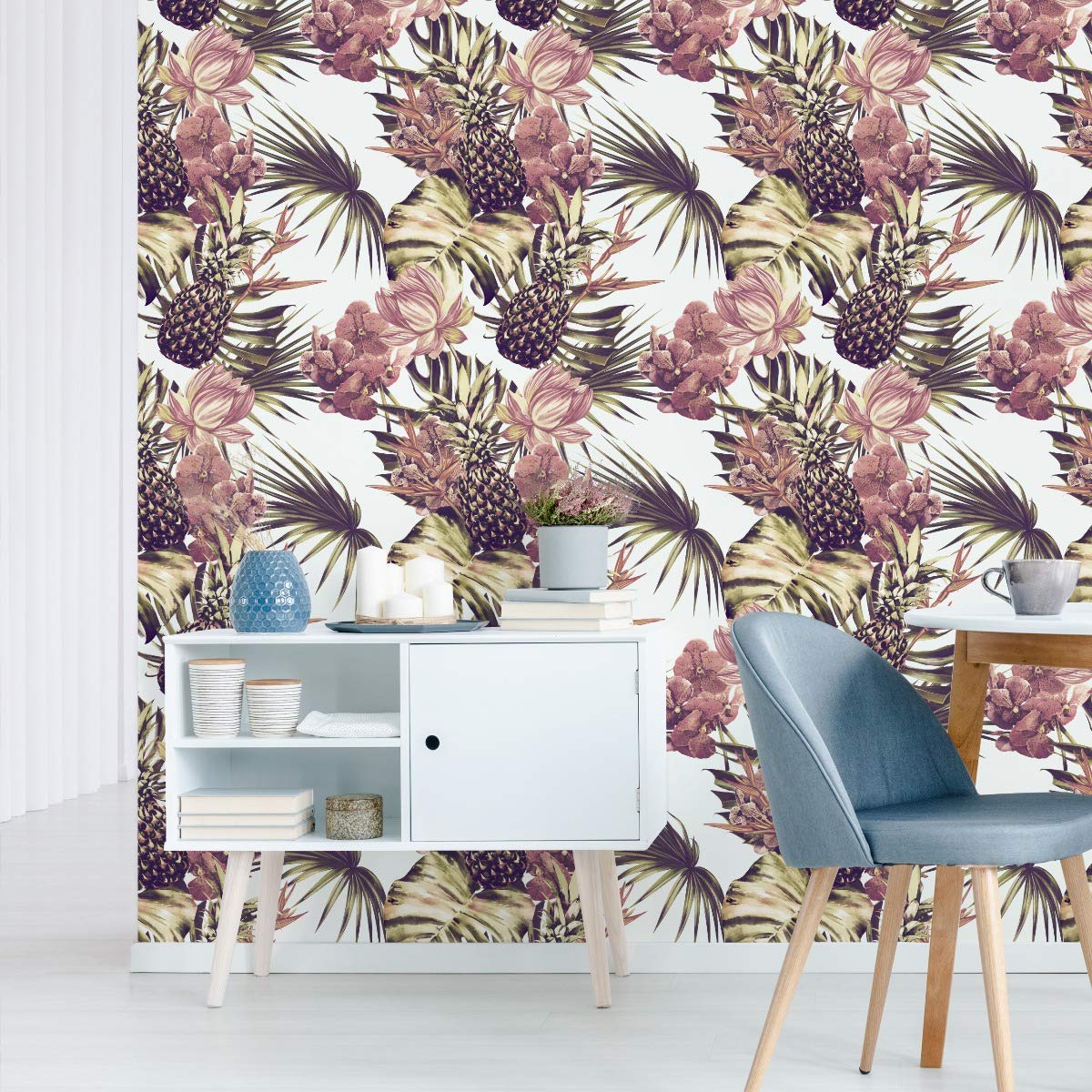 Muralo Papel Pintado Autoadhesivo Palmeras, Monstera, Flores - 10m x 50 cm | Revestimiento mural autoadhesivo en rollo, colocación en seco sin cola, despegar y pegar, lavable, para paredes y muebles