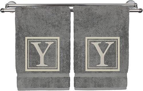 Miniatura 27 de Monogrammed Hand Towel, 16 x 30 Inches Set of 2, Personalized Gift- White Letter Embroidered with Square Design on Black Towel - Extra Absorbent