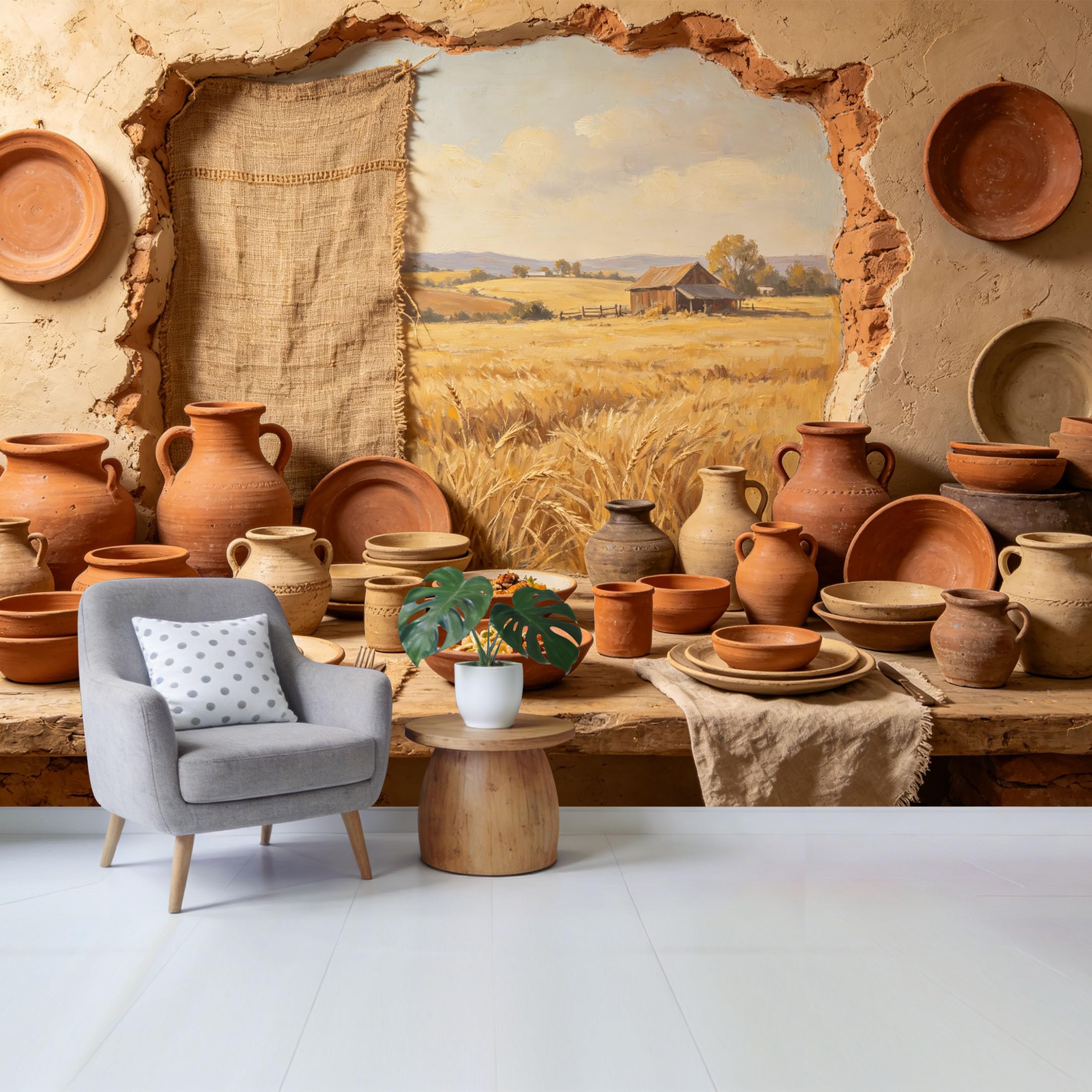 Qzlithotic Yq2605250579 Custom Size Wall Mural Rustic Farmhouse Wheat Field Landscape Oil Painting Textured Pottery Tableware Selfadhesive Wall Fabric Removable Wallpaper For Home Office Decor