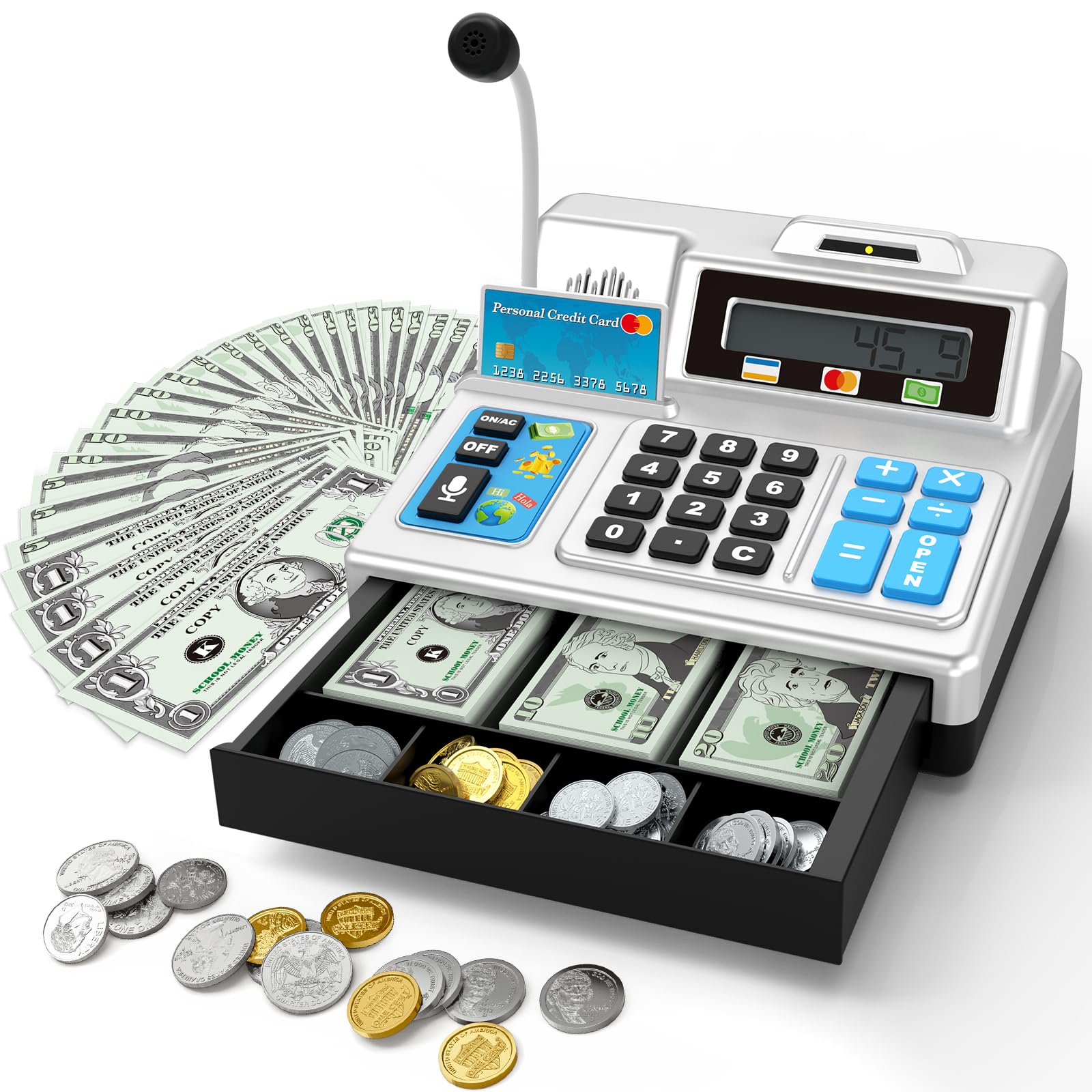 Calculator Cash Register - 103 Pcs Toy Cash Register, Store Set with Microphone, Credit Card and Banking for Kids, Toddler Math Learning Toys, Preschool Gifts for 3, 4, 5, 6, 7, 8+ Years Old Boy Girl