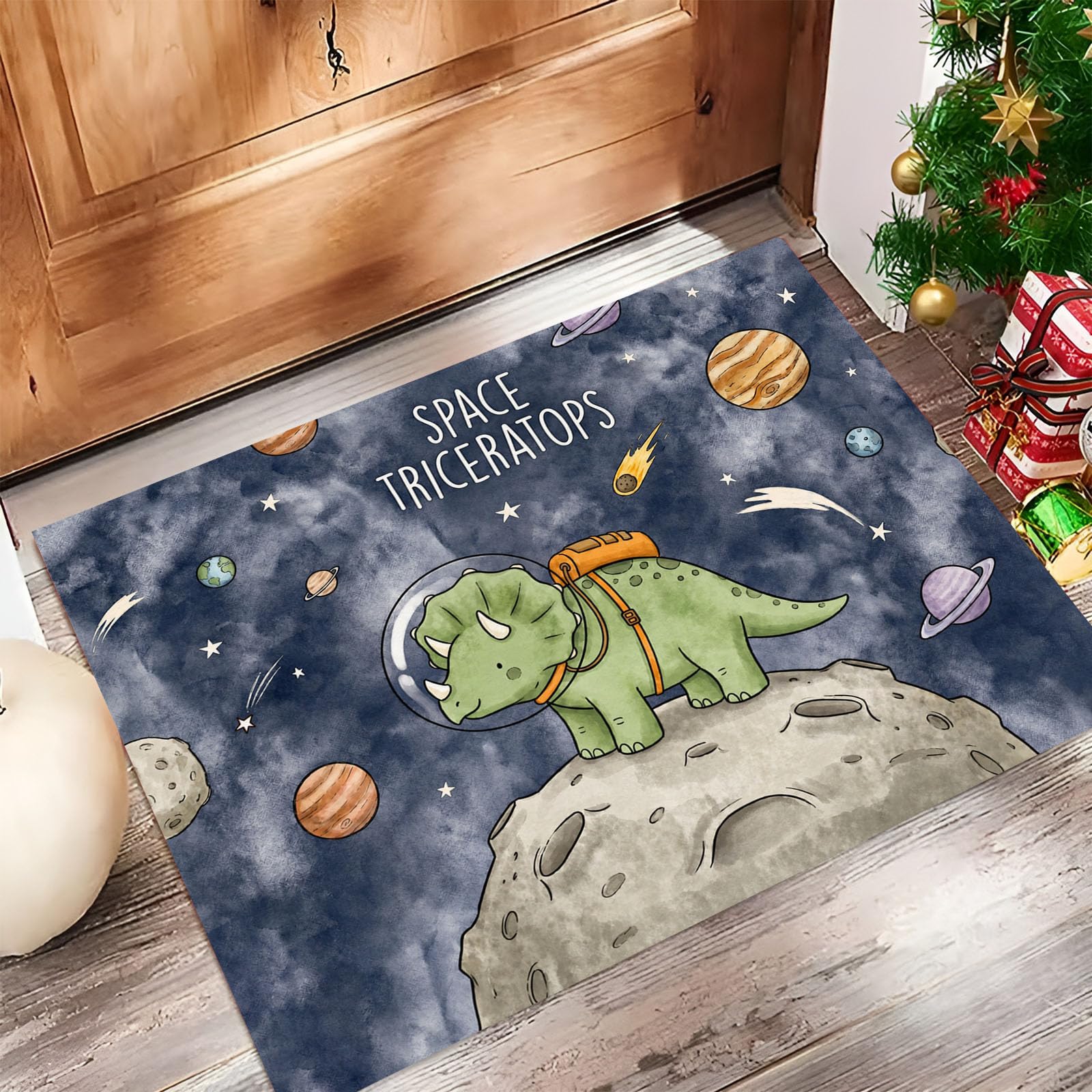 Felpudo Ultrafino Para Interiores,80X120Cm,Astronautas Animales Dibujos Animados Alfombra Antideslizante Lavable Para Entrada,Lindo Dinosaurios Universo Felpudo De Perfil Bajo,Atrapa Suciedad,Azul
