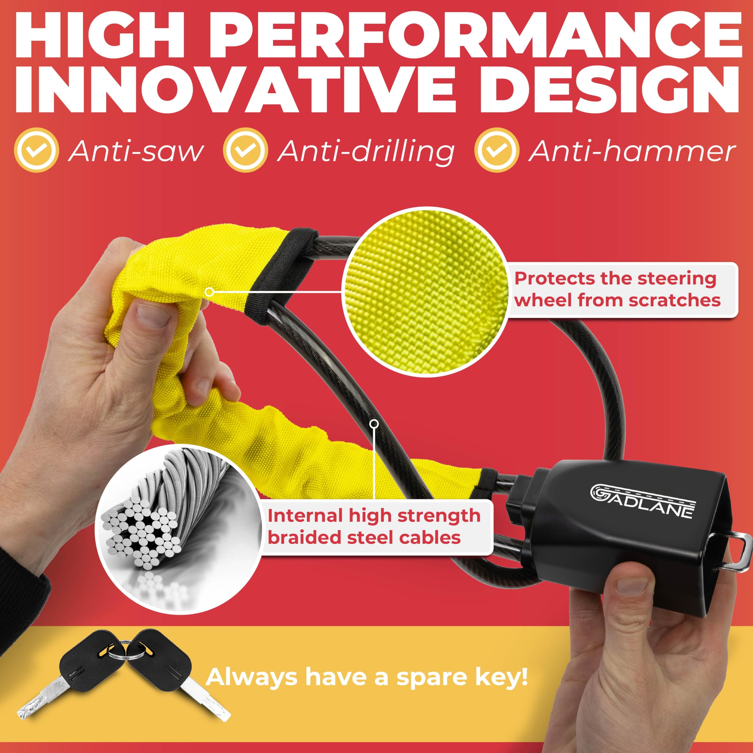 Sicurezza Auto Anti Ladro GADLANE Bloccasterzo Per Cintura Di Sicurezza, Doppio Dispositivo Antifurto Per Auto, Ad Alta Visibilità, Adatto Per Auto, Roulotte, Con 2 Chiavi (Giallo Protezione Veicolo Antifurto