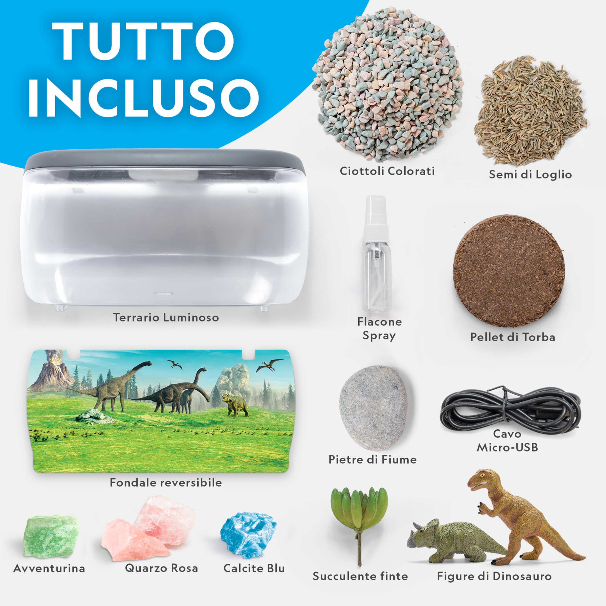 NATIONAL GEOGRAPHIC Terrarium Luminoso per Bambini – Crea un Habitat con Piante Vere ed Elementi Preistorici, Kit Scientifico con Dinosauri