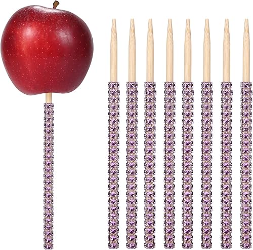 Quotidian - Palitos de manzana de bambú con diamantes de imitación brillantes de 6 pulgadas para tartas, chocolate, caramelo, manzana, pinchos de