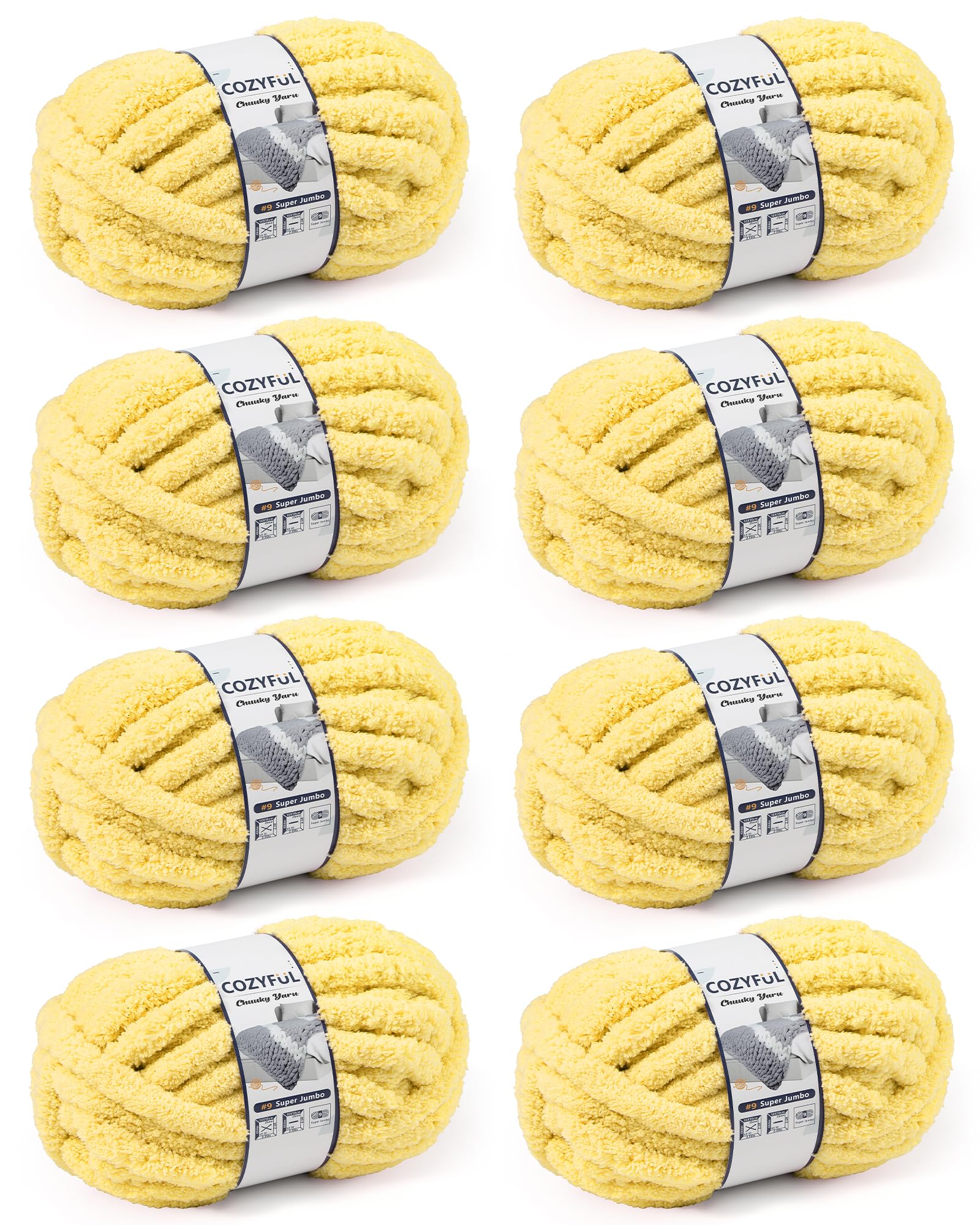 Chunky Yarn for Hand Knitting, #9 Thick Jumbo Big Chunky Yarn for Crocheting, Super Chunky Knit Blanket Yarns, Large Chunky Chenille Yarns, 8 Pack (30 yds 8 oz Each Skein), Yellow