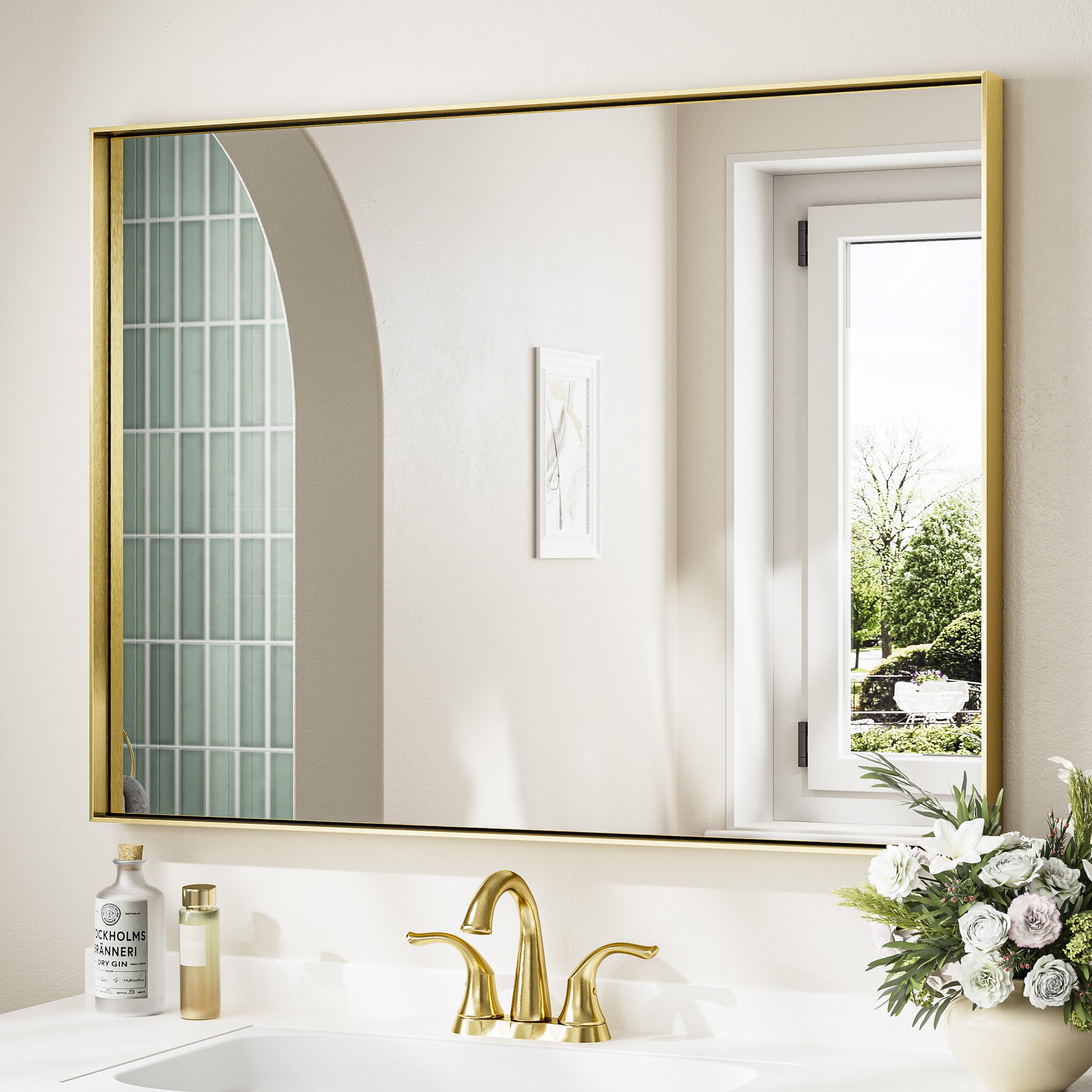 keonjinn brushed gold bathroom mirror 40 x 30 inch shiny gold metal framed mirror for wall large square corner modern farmhouse mirror, decor rectangle brass gold vanity mirror(horizontal/vertical)