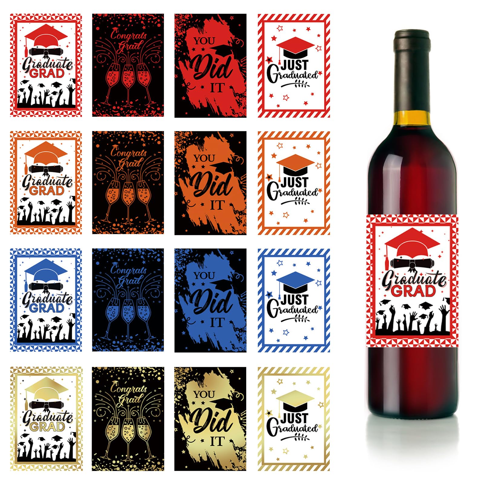 URROMA Graduation Gift Wine Bottle Labels, 96 Sheets Congrats Grad Wine Bottle Stickers Wine Bottle Decor Cover for College Graduate Graduation Party Supplies, 4 Colors