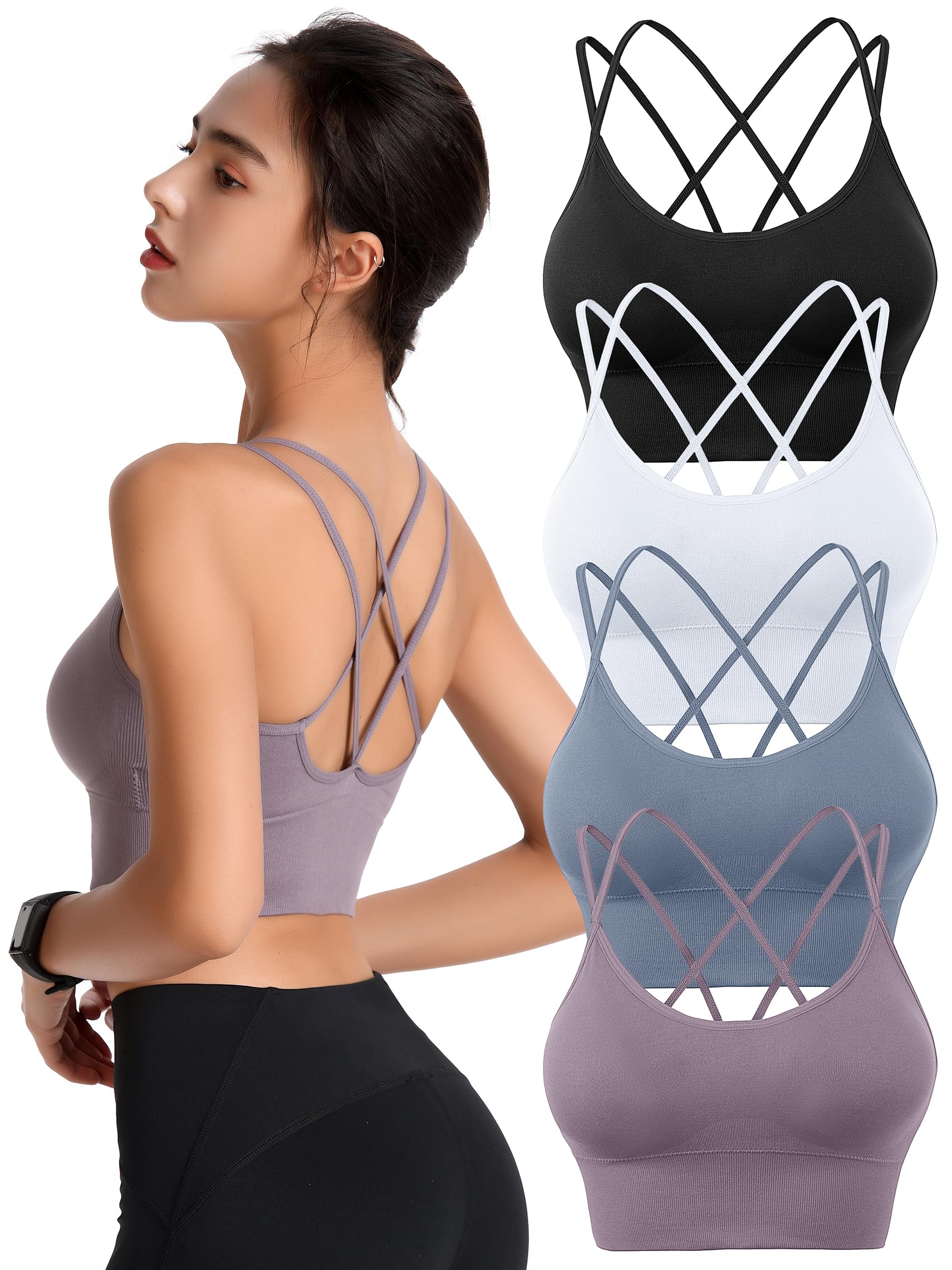Sujetadores deportivos acolchados para mujer, tirantes cruzados, para yoga, entrenamiento, fitness, correr, gimnasio, parte superior de bajo impacto, Paquete de 4 negro, blanco, azul, morado, X-Large