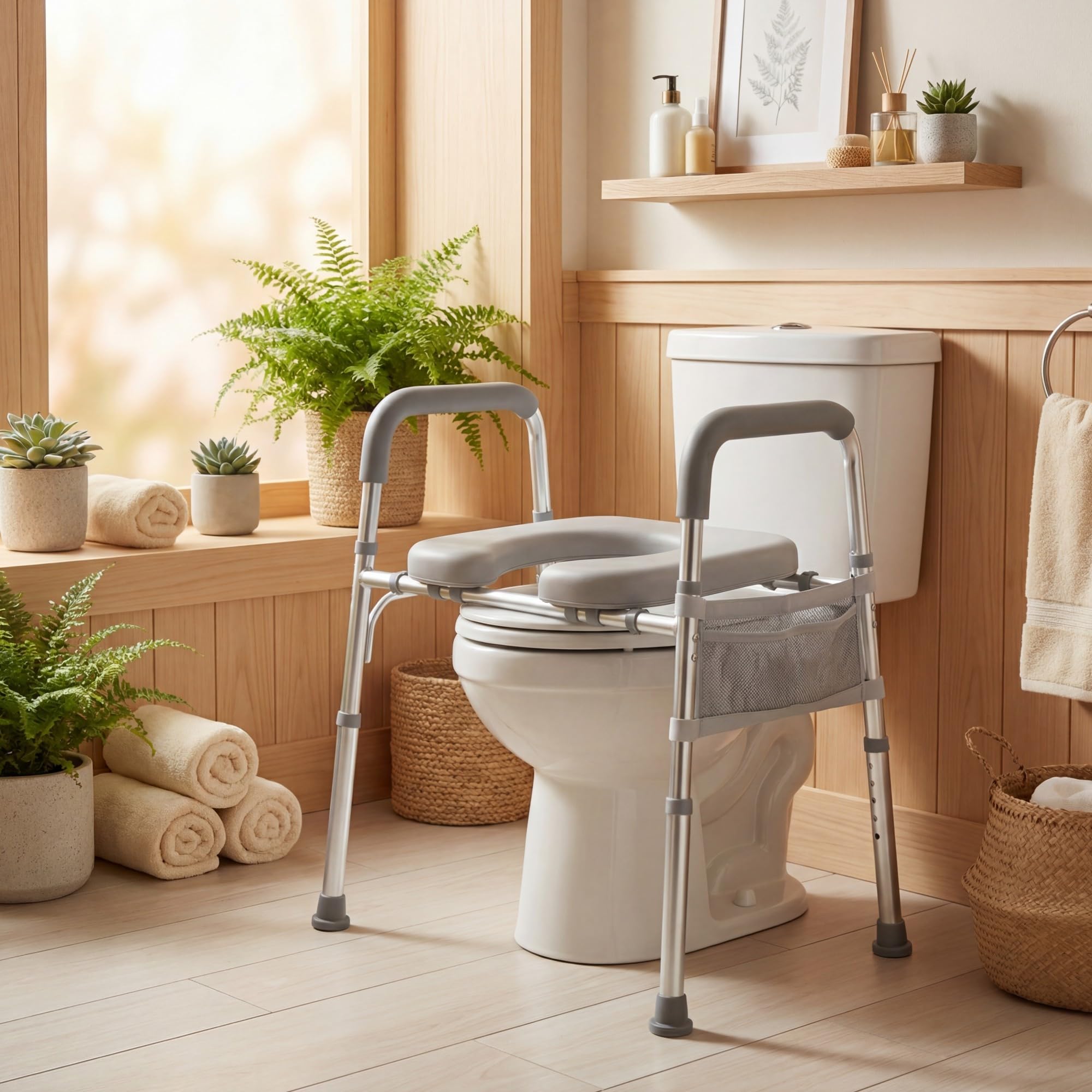 RELAX4LIFE Rialzo WC per Anziani, Sedile WC Rialzato con Portacarta Igienica e Tasca Portaoggetti, Altezza Regolabile, Telaio in Alluminio, Alzata Water per Anziani
