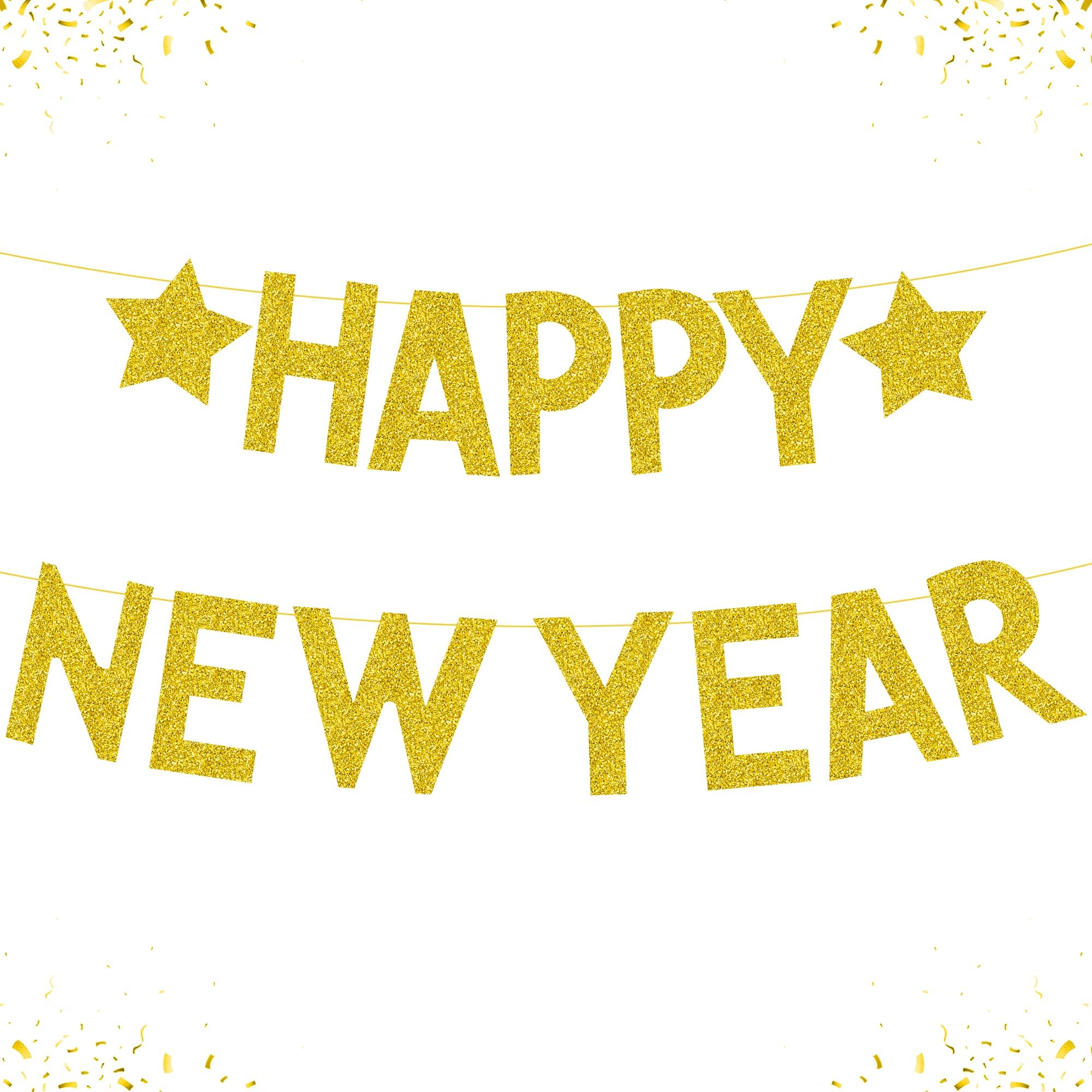 Gold Glitter Happy New Year Banner - No DIY | New Year Eve Banner for Happy New Year’s Eve Party Supplies 2024 | New Year 2024 Banner Backdrop for New Year Decorations 2024 | NYE Decorations 2024