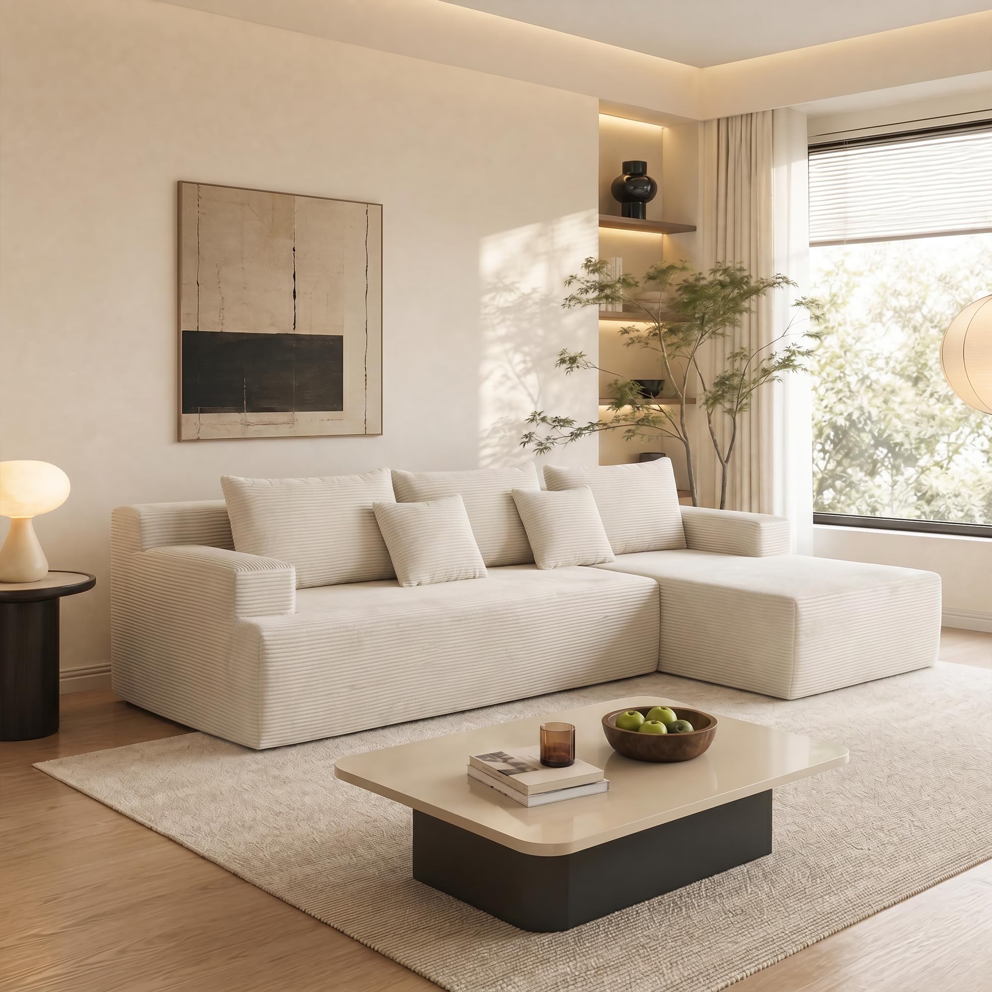GRAVFORCE Ecksofa L-Form modular, Montagefrei Sofa mit Schlaffunktion flexibel kombinierbarer Cord Couch 3 Sitzer mit breiter Liegefläche, Für Wohnzimmer und Schlafzimmer, 235x150x66 cm Beige
