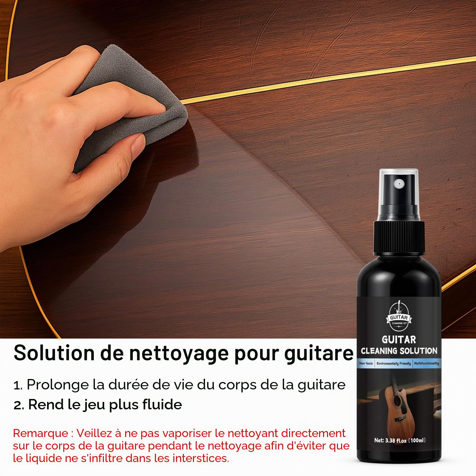 Kit de Nettoyage pour Guitare, avec Nettoyant pour Guitare, Huile pour Manche, Cire à Polir, Nettoyant pour Cordes, Cutter 3-en-1 et Chiffon en Microfibre