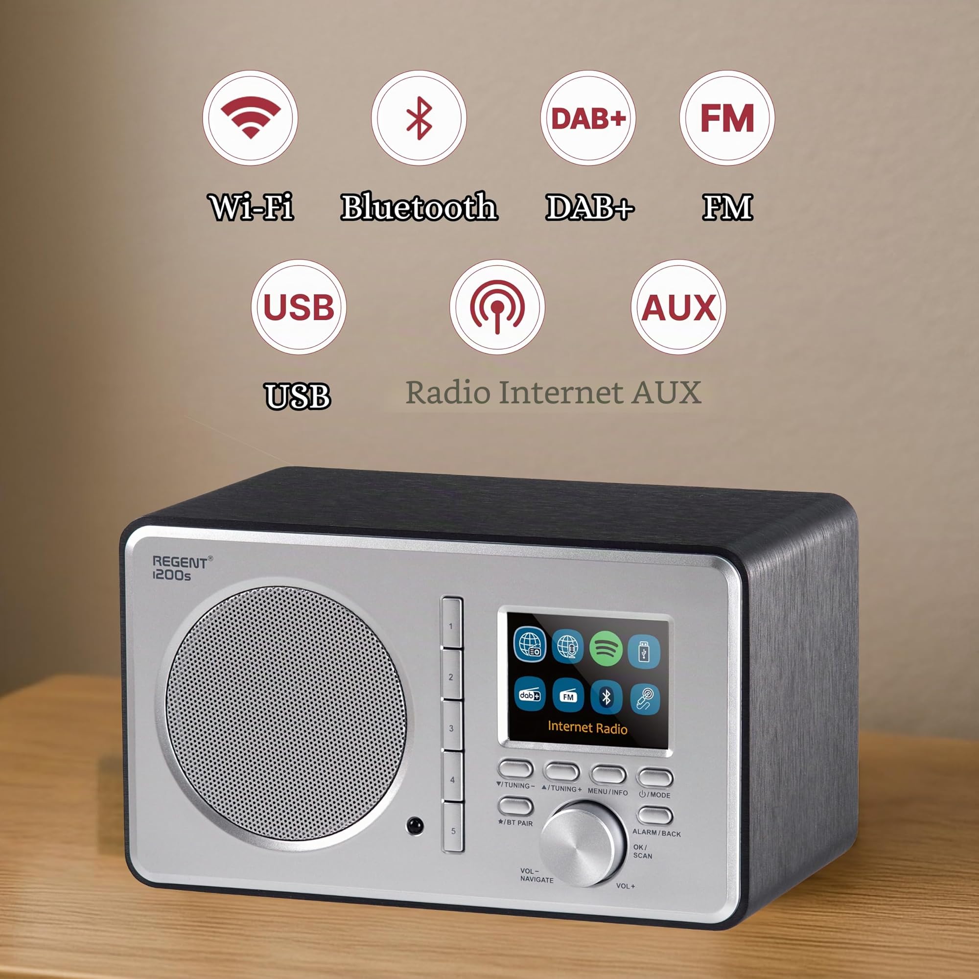 Ferguson Regent i200s Radio Internet WLAN Bluetooth FM DAB DAB+ UHF Spotify Connect Radiosveglia Equalizzatore Display a colori USB AUX-IN Sleep Timer Controllo App Telecomando