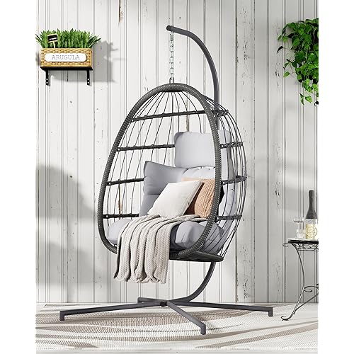 FREDEES Egg Swing Chair with Stand, Outdoor Hanging Egg Chair with Cushion for Patio/Porch/Balcony/Indoor (Light Gray)