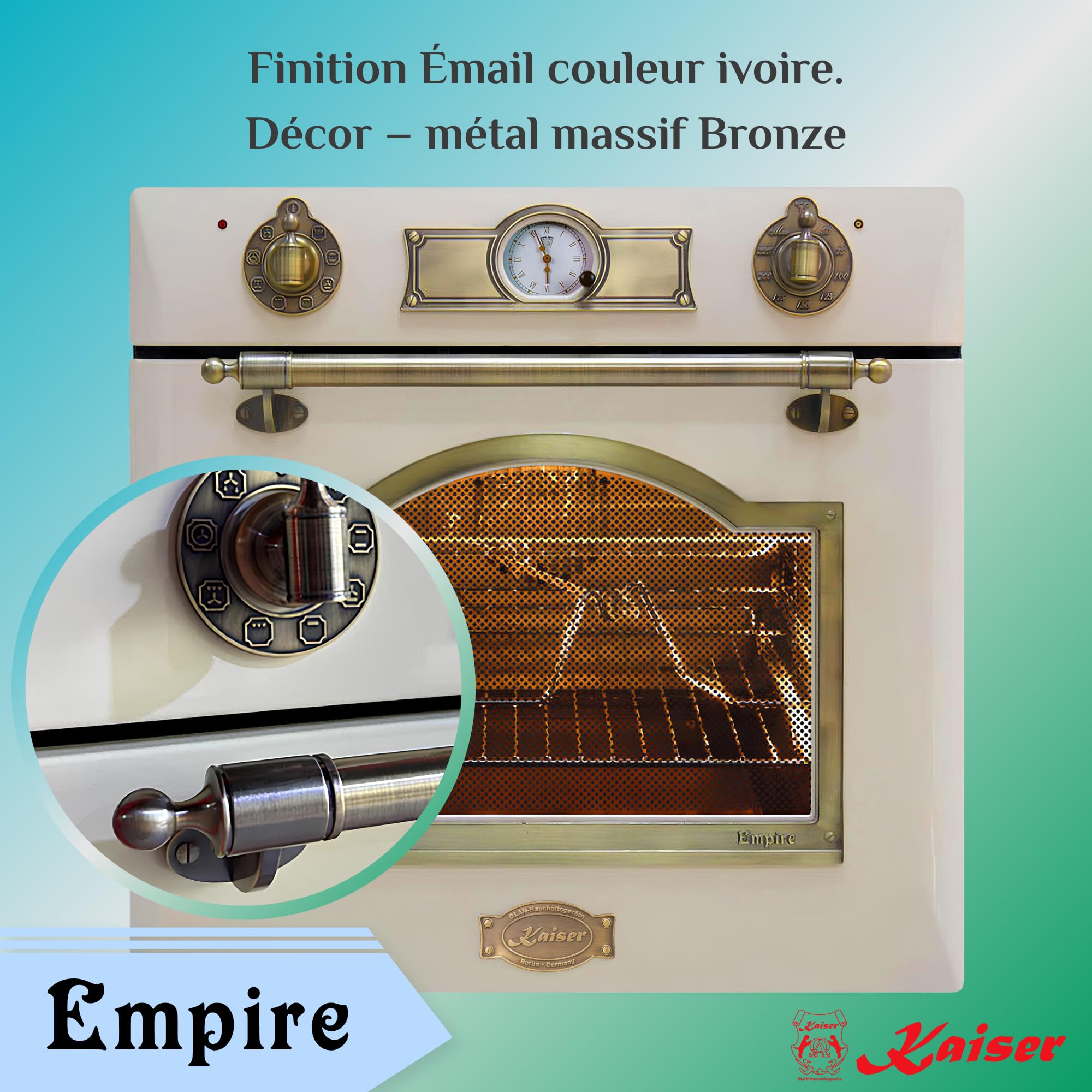 Four encastrable Kaiser EH 6355 Em 60 cm ivoire · 67 L · Four électrique multifonction 8 modes · Air chaud · Gril infrarouge · Autonettoyage catalytique · Classe A · Émail noir & verre