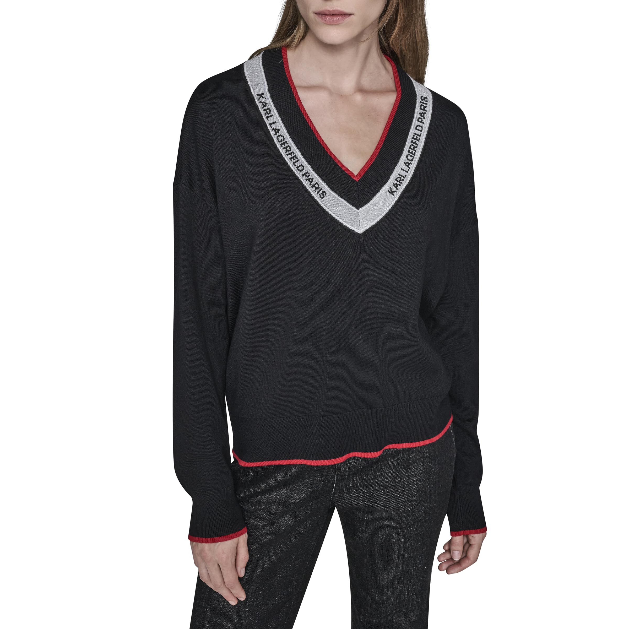 Karl Lagerfeld Womens Long Sleeve V-Neck Logo Tape Sweater