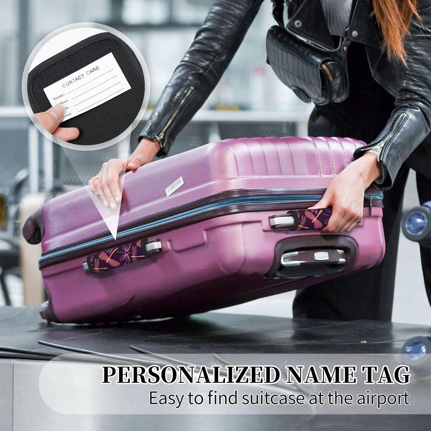 Purple Dragonfly Print Luggage Handle Wraps Luggage Identifiers Soft Neoprene Luggage Handle Wraps for Suitcase Trolley Handle Grip Cover 2 Pack Luggage Tags
