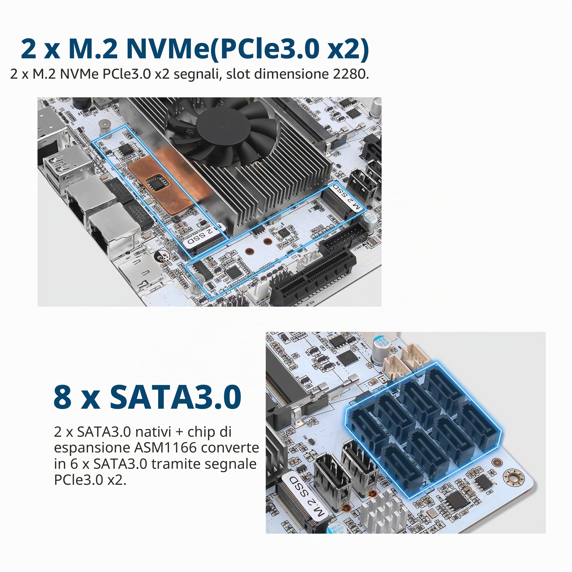 NAS Motherboard 8 Bay, Core i5 8265UES, 2 x i226-V 2.5GbE LAN, Mini ITX Mainboard, 8× SATA3.0, DDR4 PC motherboards, 2X M.2 NVMe(3.0 x2), TF, PCIE x4 (with I/O Shield)