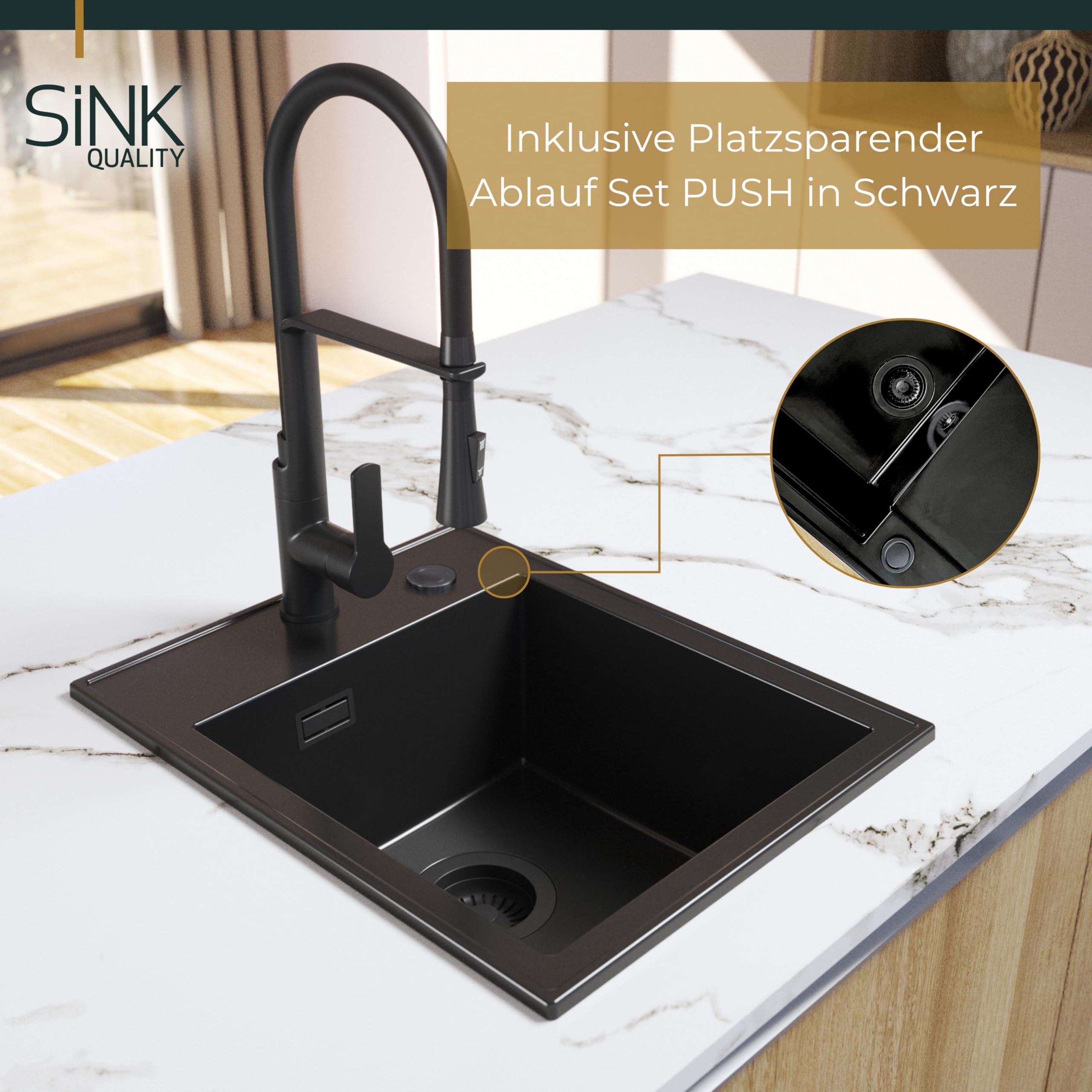 SINK QUALITY Spülbecken Alles Schwarz Set mit Armatur 40x50 cm - Granitspüle Set mit Küchenarmatur, Siphon Schwarz und Imprägnierung - Spüle ohne Abtropffläche für Unterschränke ab 40 cm Breite