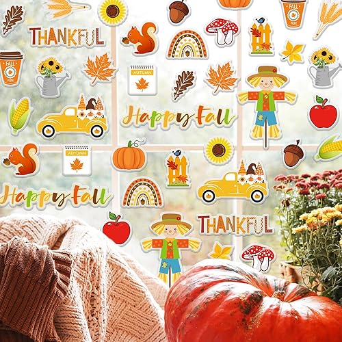 Miniatura 3 de Whaline 40 calcomanías de gel grueso para ventana de Acción de Gracias, espantapájaros, calabaza, hojas de arce, manzanas, calcomanías de gel