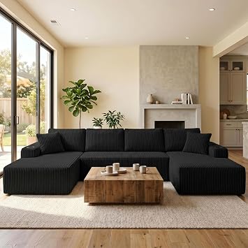 124" Oversized Sectional Couches for Living Room, Modern Boneless Cloud Couch with Cup Holders & Storage Pocket, Comfy Corduroy Modular Sectional U Shape Sofa Couch for Apartment, Black Couch in a Box