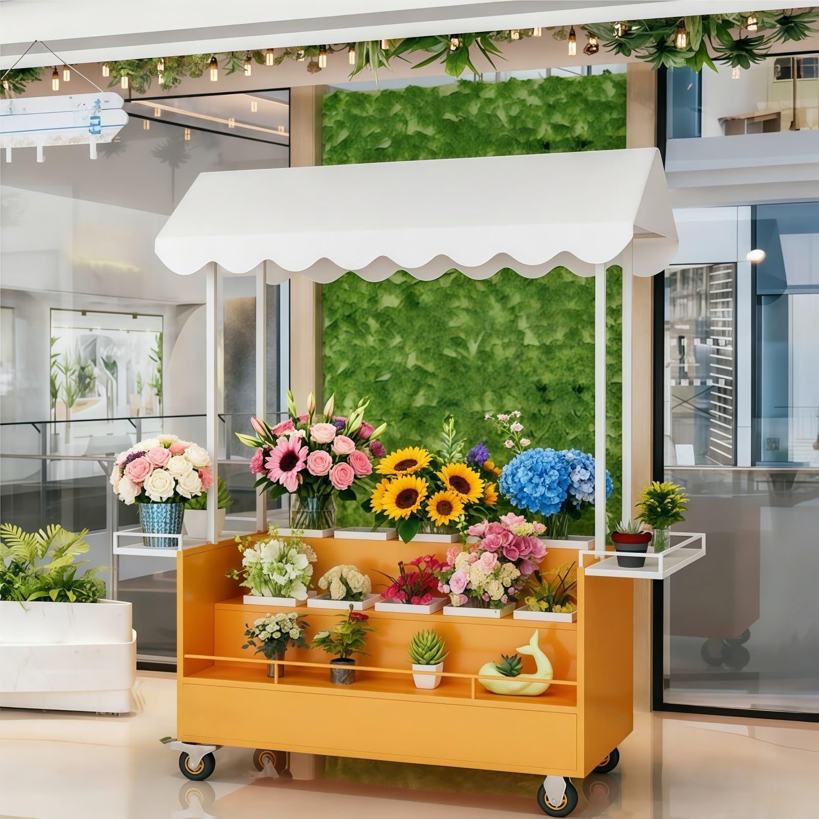 Blumen Verkaufswagen, Multifunktionaler Mobiler Imbisswagen for Marktstände und Außen Pop-up Geschäftsevents(Yellow)