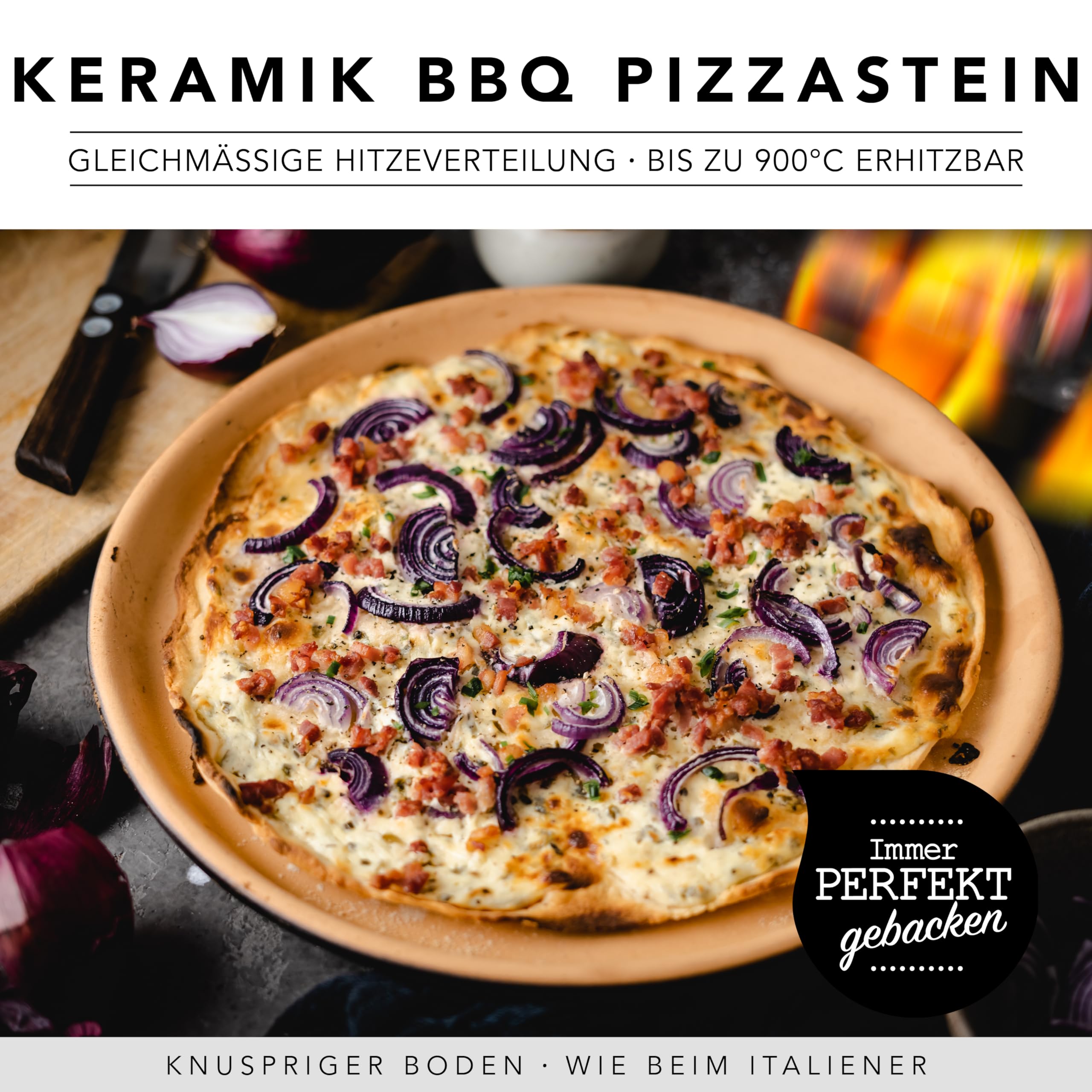 Römertopf – Piedra para pizza de arcilla natural, Ø 32,5 cm, para horno y barbacoa, base crujiente para pizza y pan, color negro
