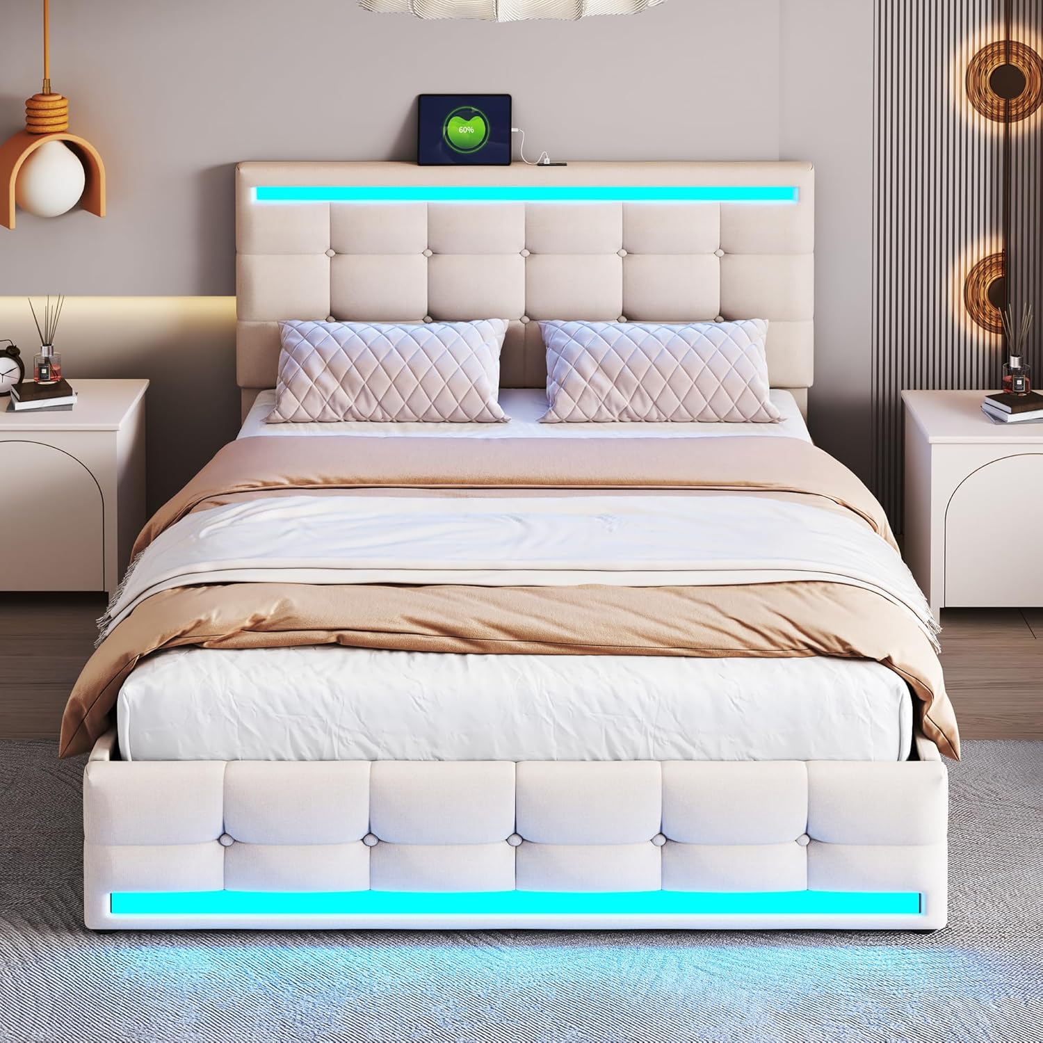 KIMENICH Bett 160x200 Mit LED-Beleuchtung & Schubladen - Polsterbett Mit USB Ladestation