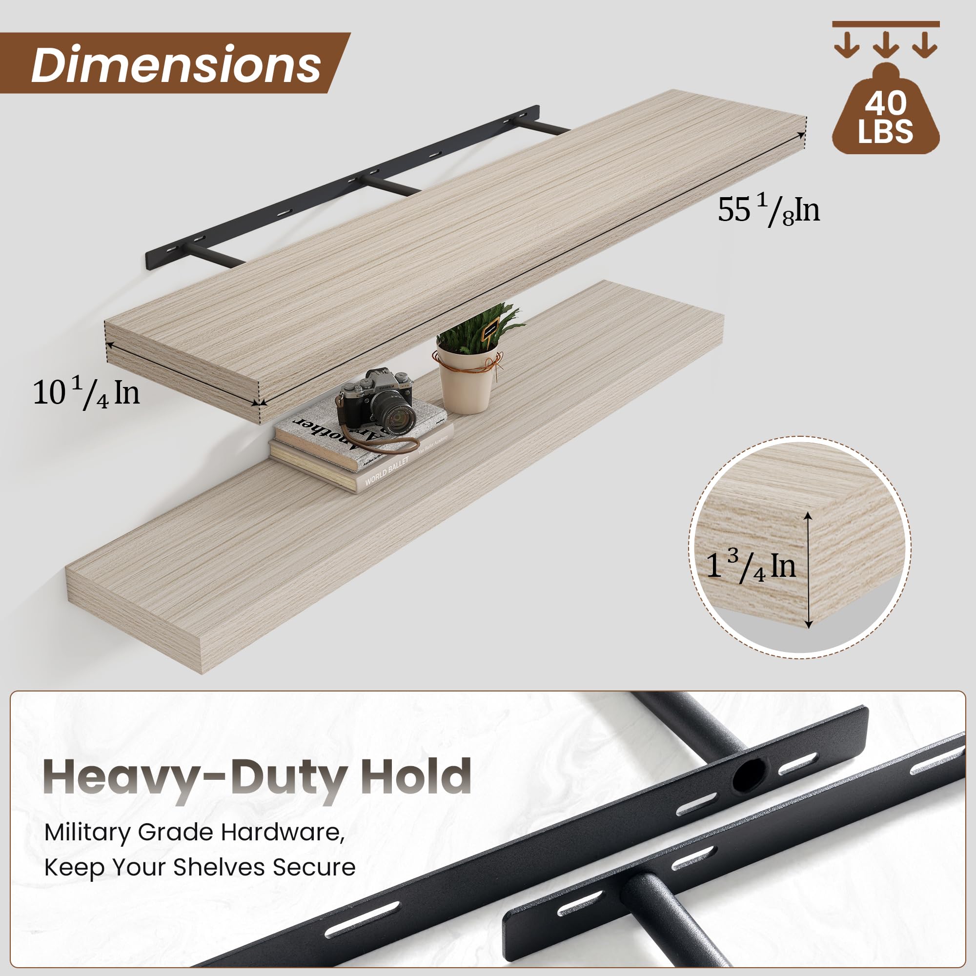Heimlove 36-Inch Floating Shelves – Gray Wood Wall Shelves With Invisible Brackets For Bedroom, Living Room & More