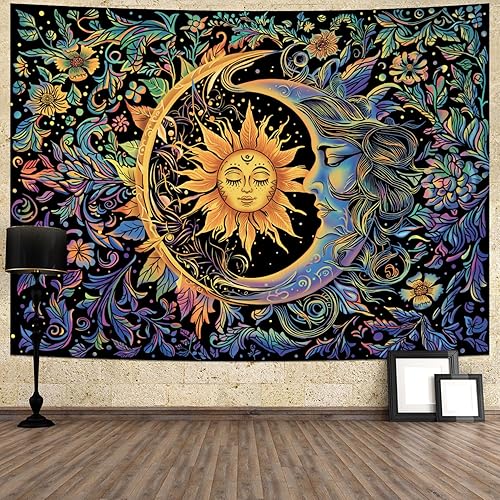 Miniatura 4 de Tapiz de sol y luna, psicodélico, místico, floral, hippie, bohemio, flores, tapiz de pared, tapiz estético vintage para colgar en la pared para