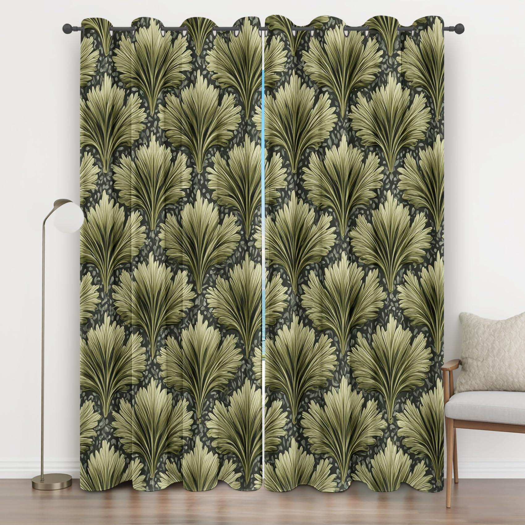 Rideau de salon et chambre aux plantes abstraites | Décoration de fenêtre Art Déco vert olive