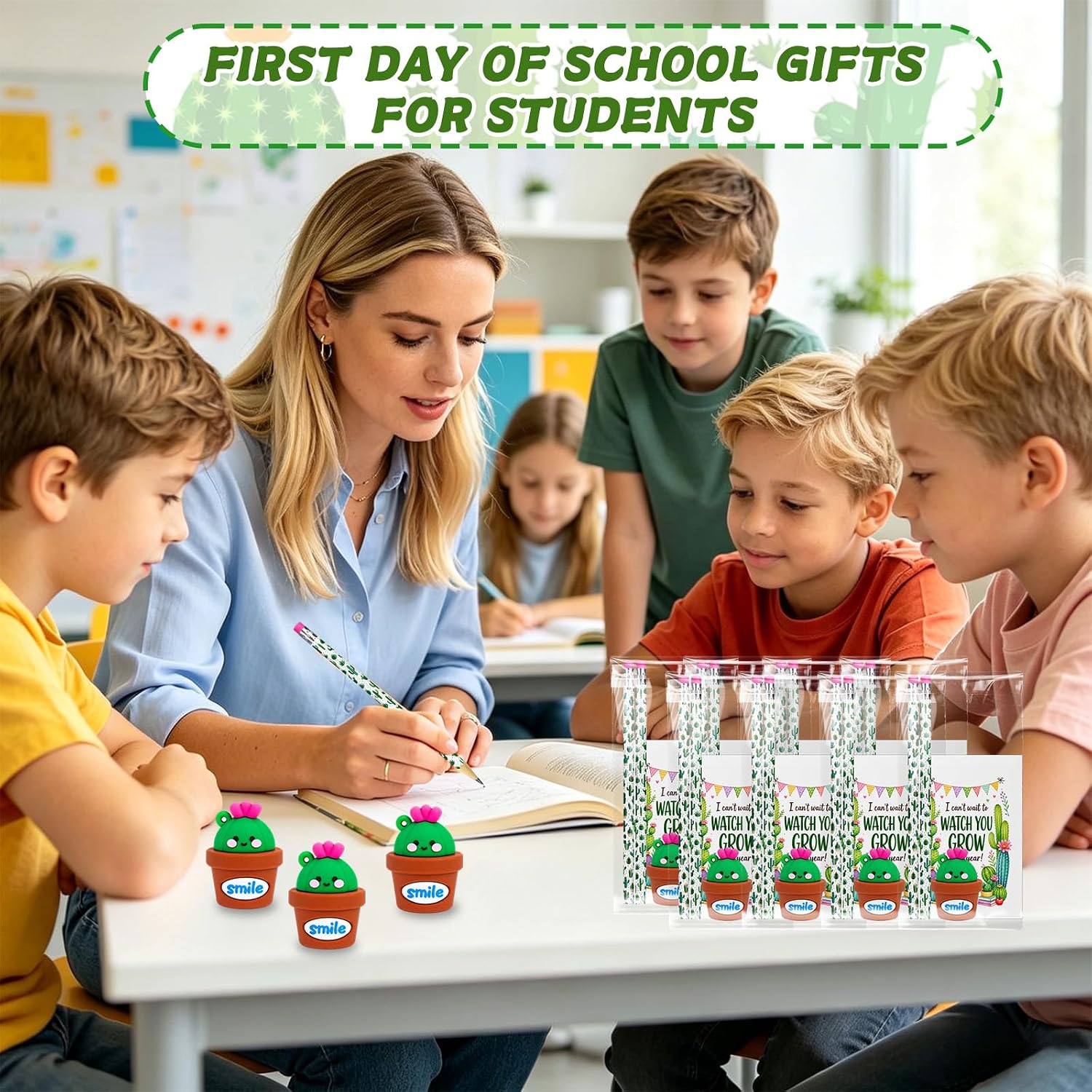 250 Pcs Back to School Pencils Gifts for Students with Cactus Sharpeners | First Day of School Gift for Student,Cactus Party Favors Rewards Teacher Supplies,Meet the Teacher Gifts for Students